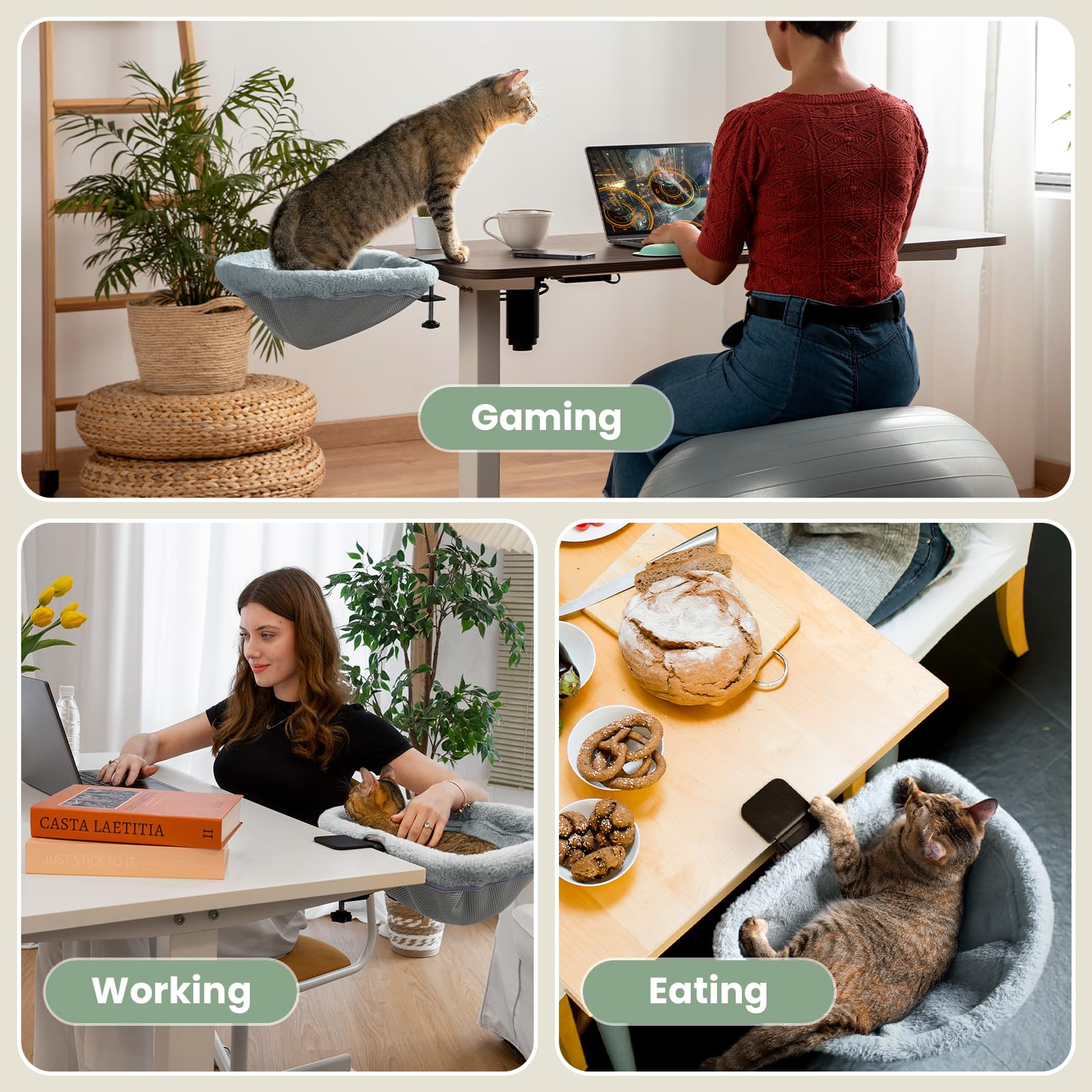 JUNSPOW cat desk bed fits multiple desktops for flexible room layouts.