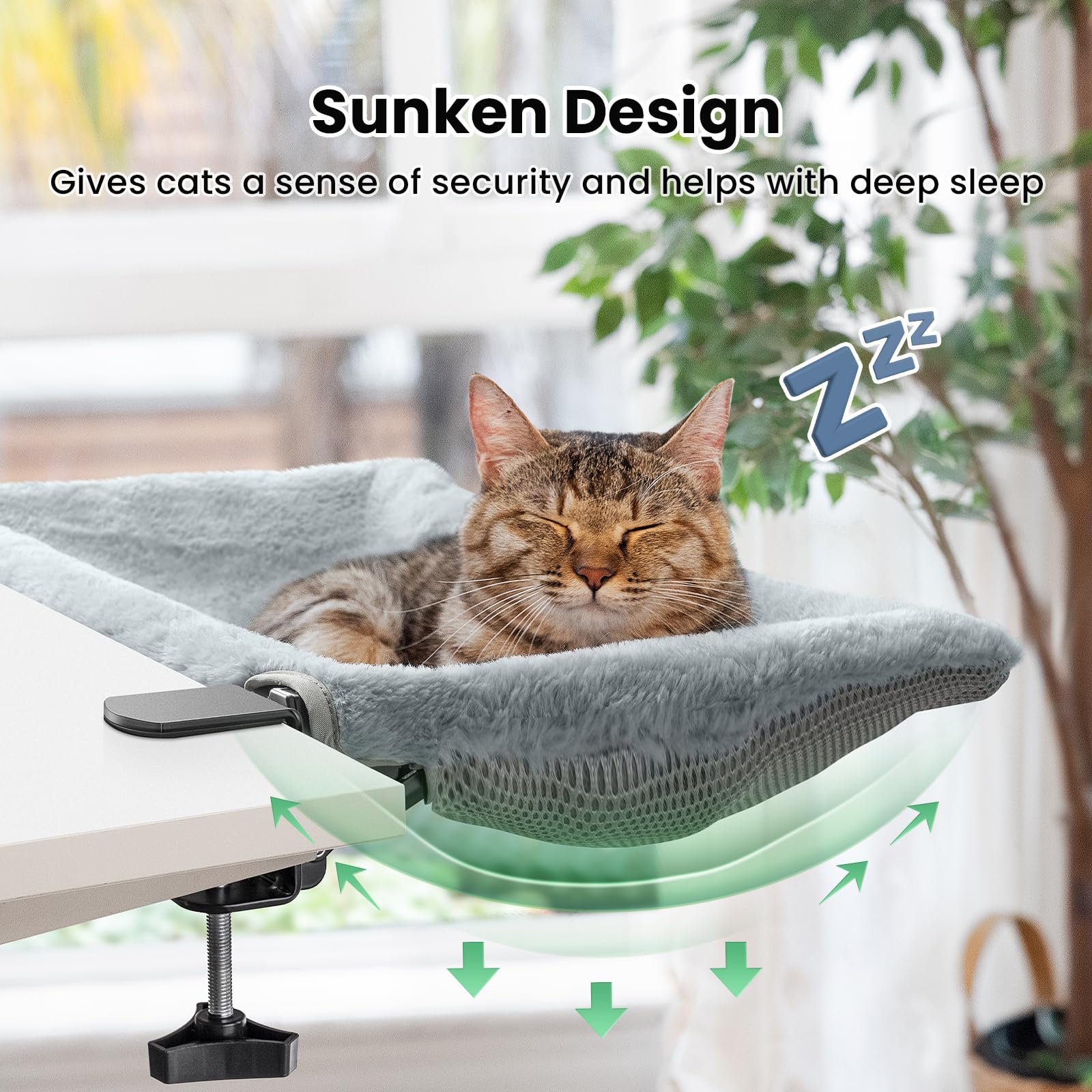 JUNSPOW sunken sleeping area helps cats curl comfortably.