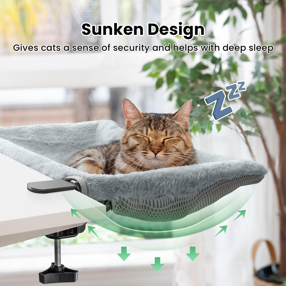 JUNSPOW sunken sleeping area helps cats curl comfortably.