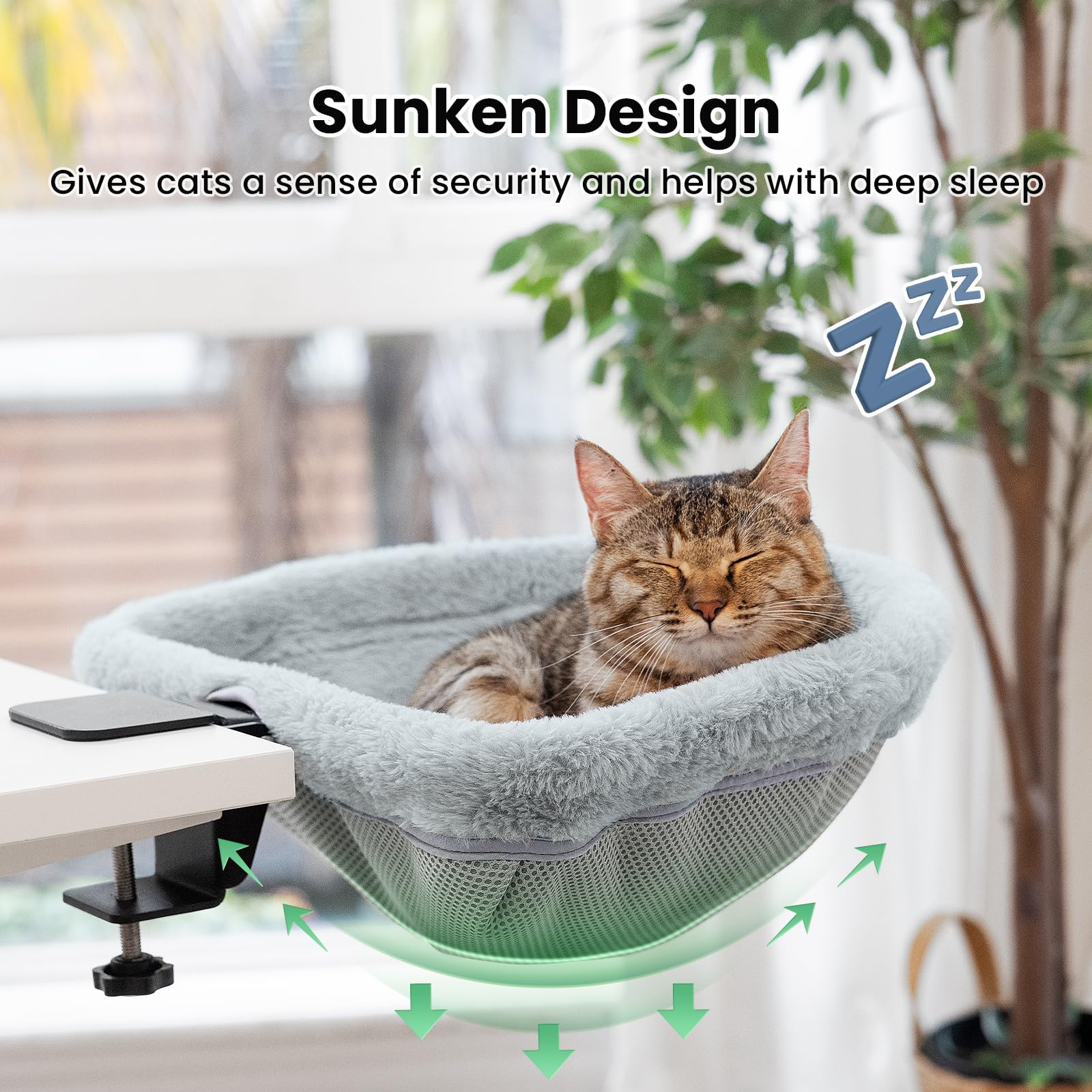 JUNSPOW cat desk bed sunken design gives cats secure curled sleeping posture.