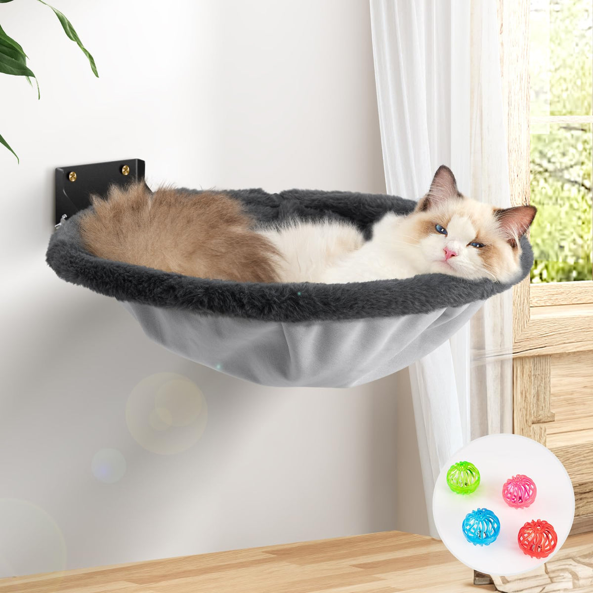 JUNSPOW cat hammock wall-mounted foldable gray side view shows space-saving design.