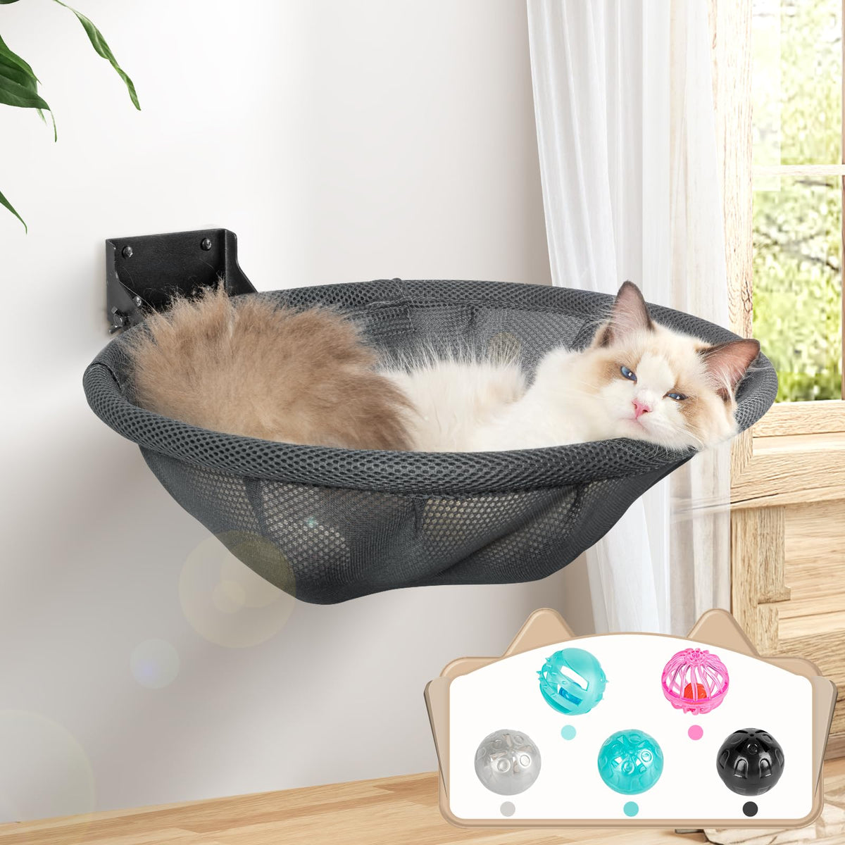 JUNSPOW cat hammock wall-mounted gray for elevated naps and vantage view