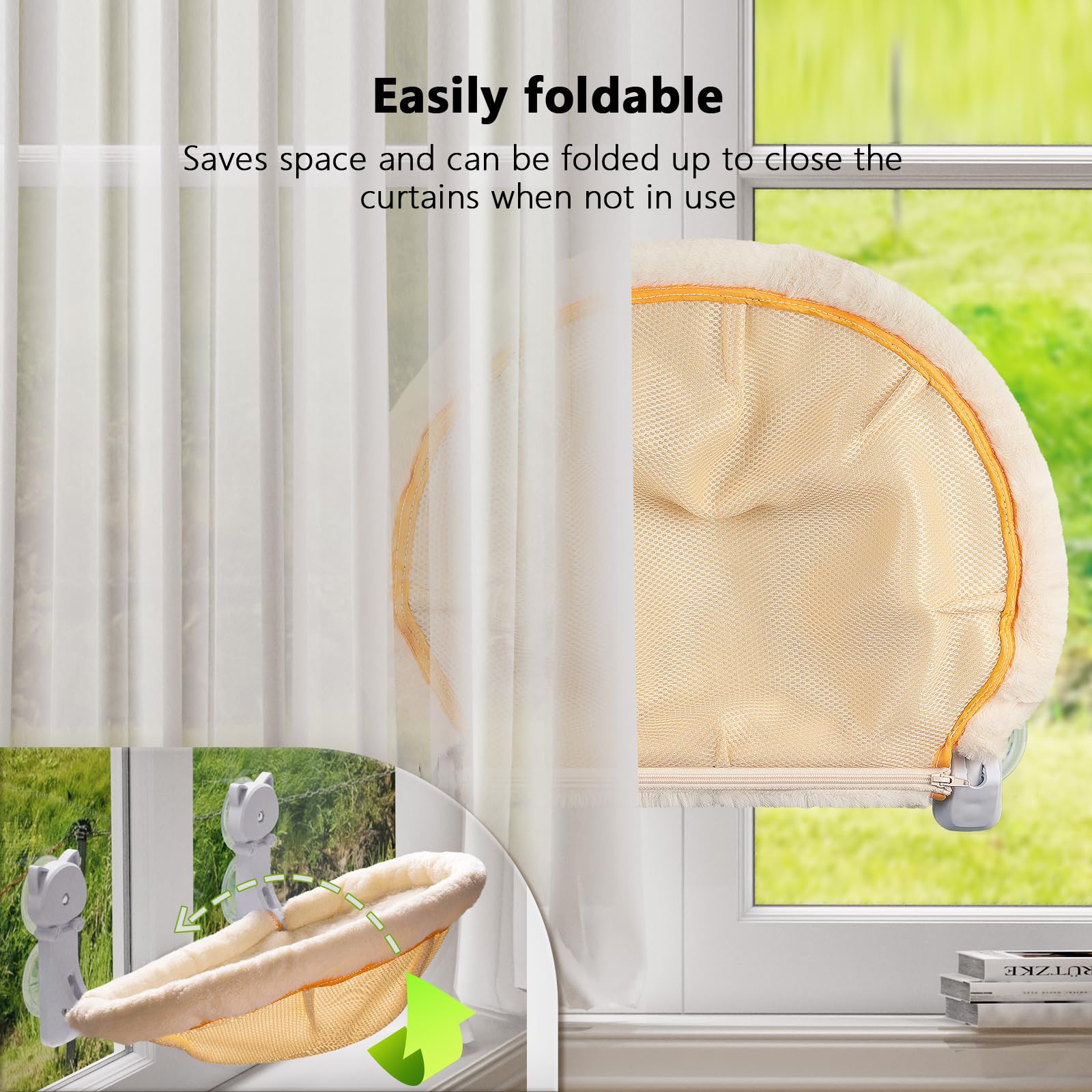 JUNSPOW cat window perch faux-fur cover adds warm comfort in cold months.