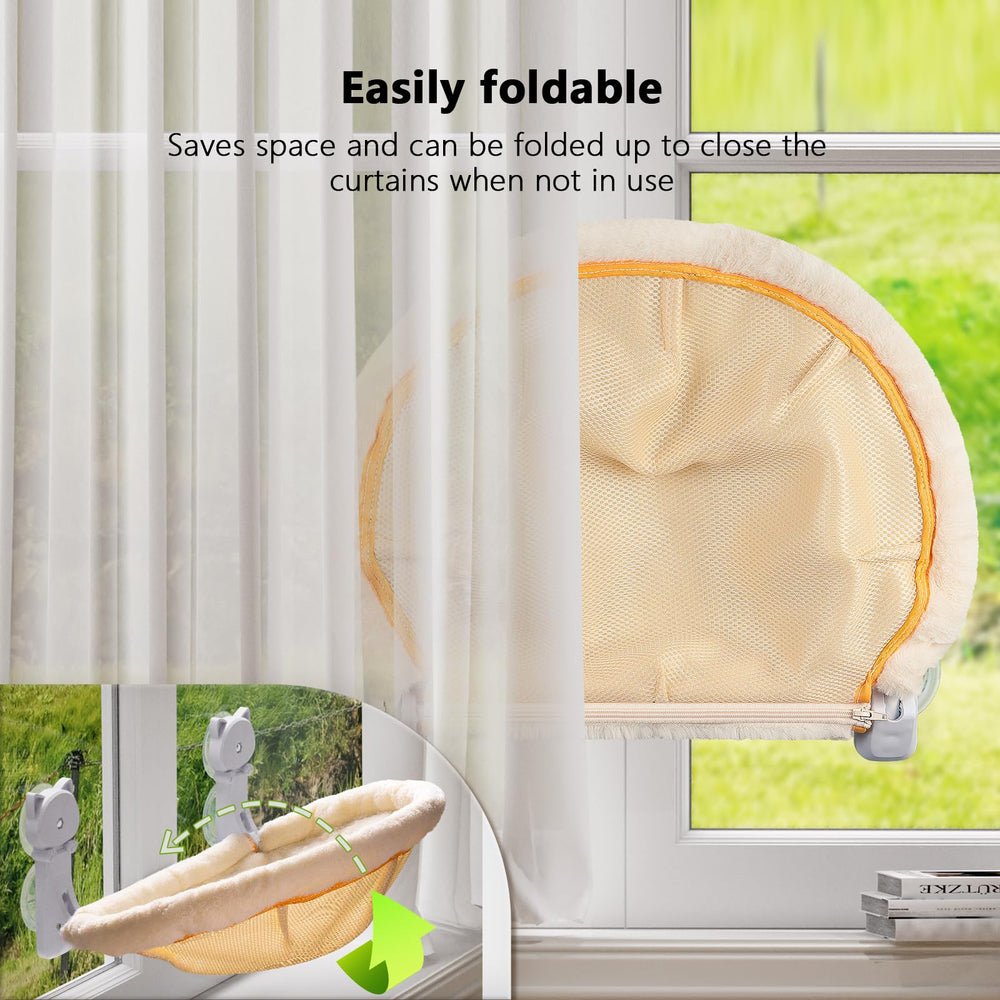 JUNSPOW cat window perch faux-fur cover adds warm comfort in cold months.