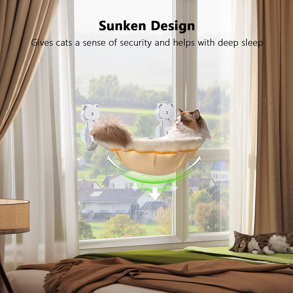 JUNSPOW cat window perch with suction cups demonstrates stable, tool-free installation on glass.