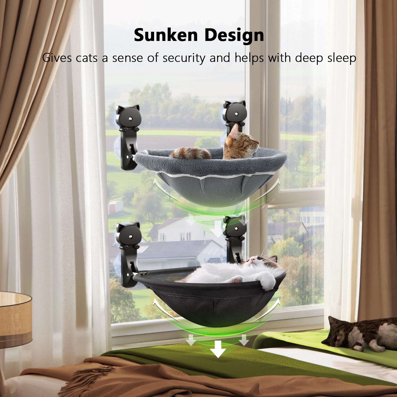 JUNSPOW sunken-design window perch promotes secure curling and a cozy resting posture.