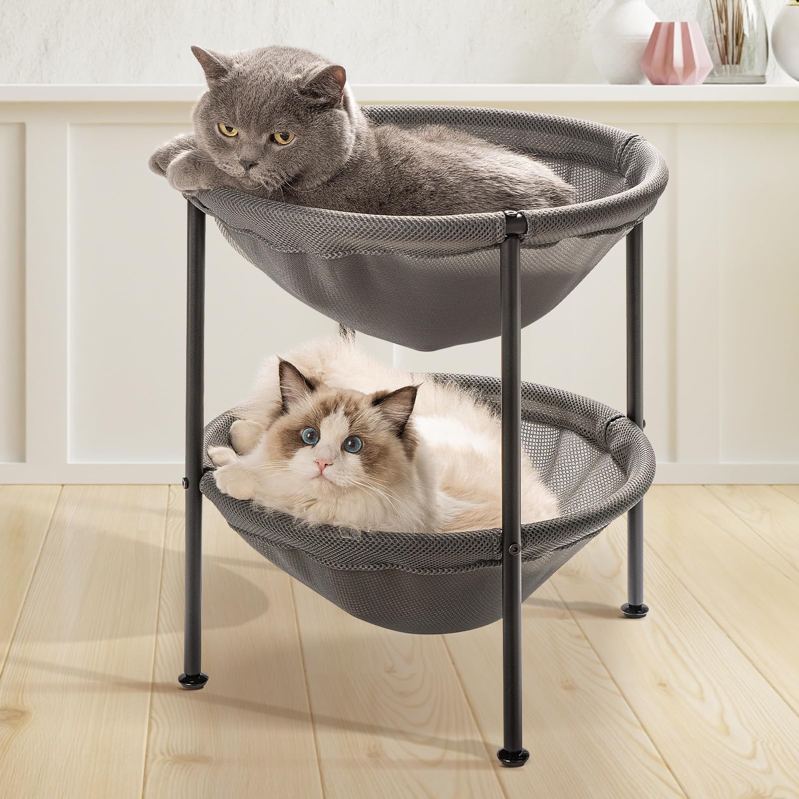 JUNSPOW double cat bed grey top view shows dual lounging levels for two cats