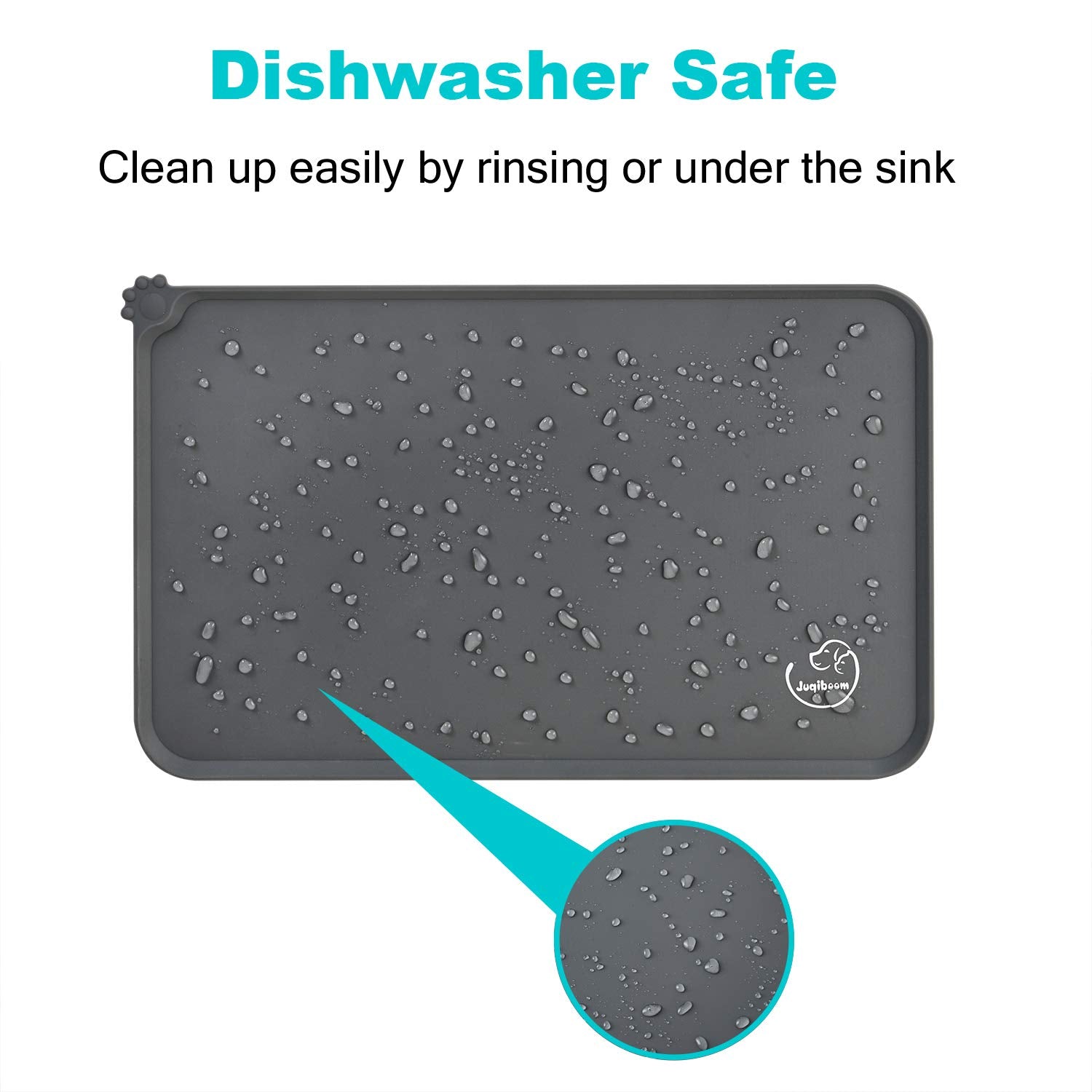Juqiboom grey pet bowl mat highlighting waterproof surface keeps floors dry.
