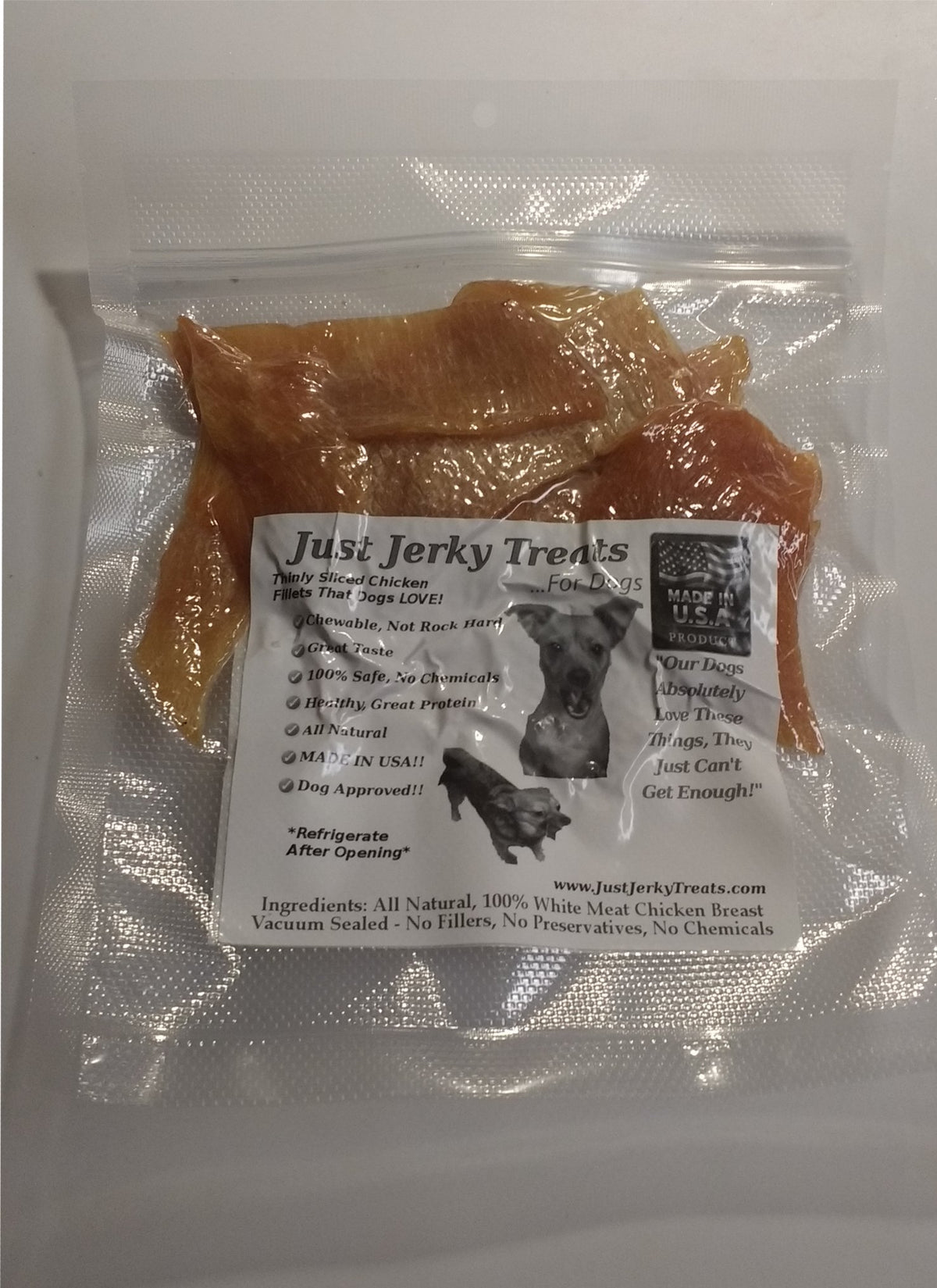 Just Jerky Treats natural chicken jerky front packaging – high-protein dog reward