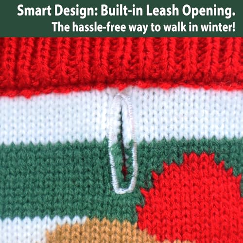 Just Jolly dog sweater features leash hole design for quick walks without removal.