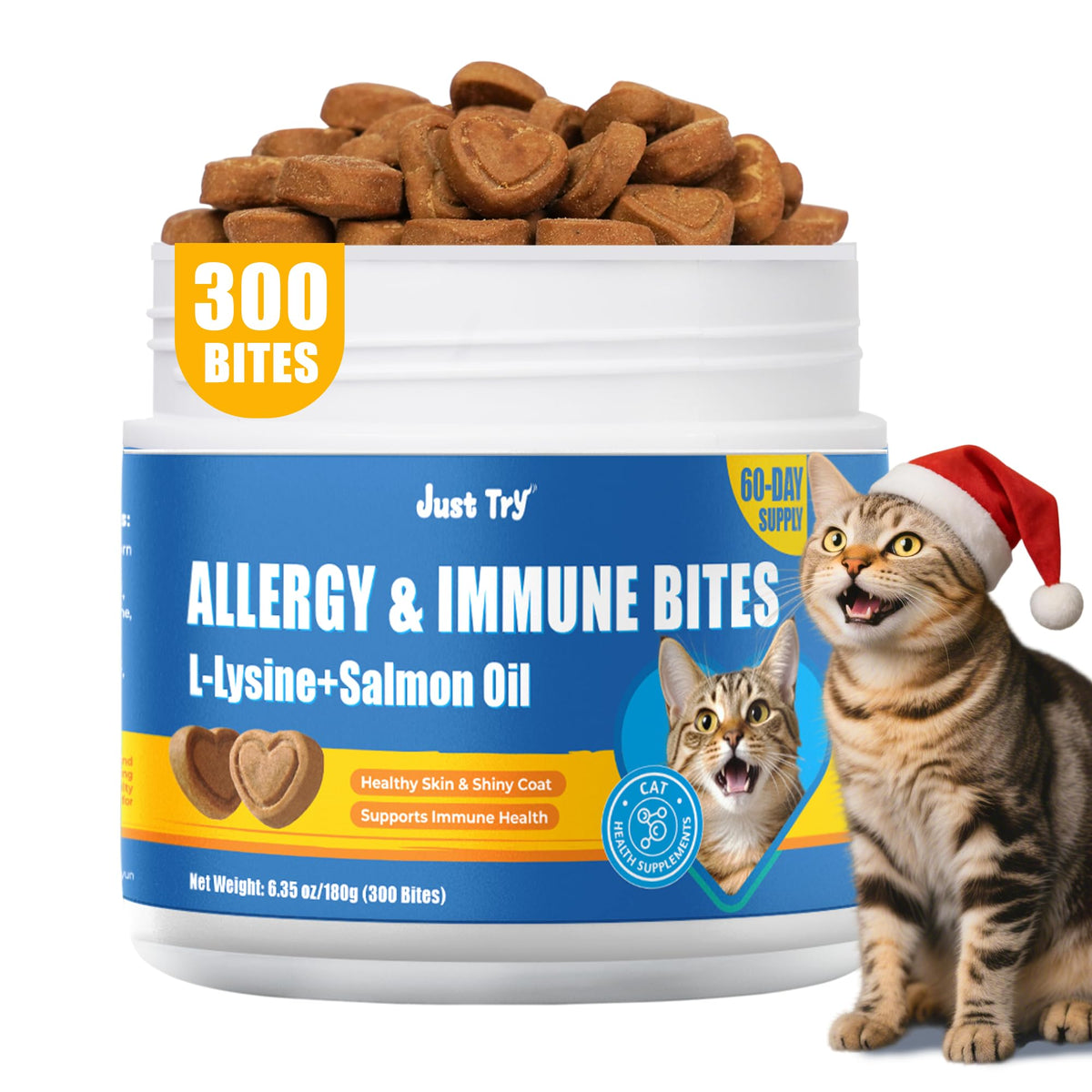 Just Try 300 Bites allergy-immune-cats-pack demonstrates treats supporting skin and immune health