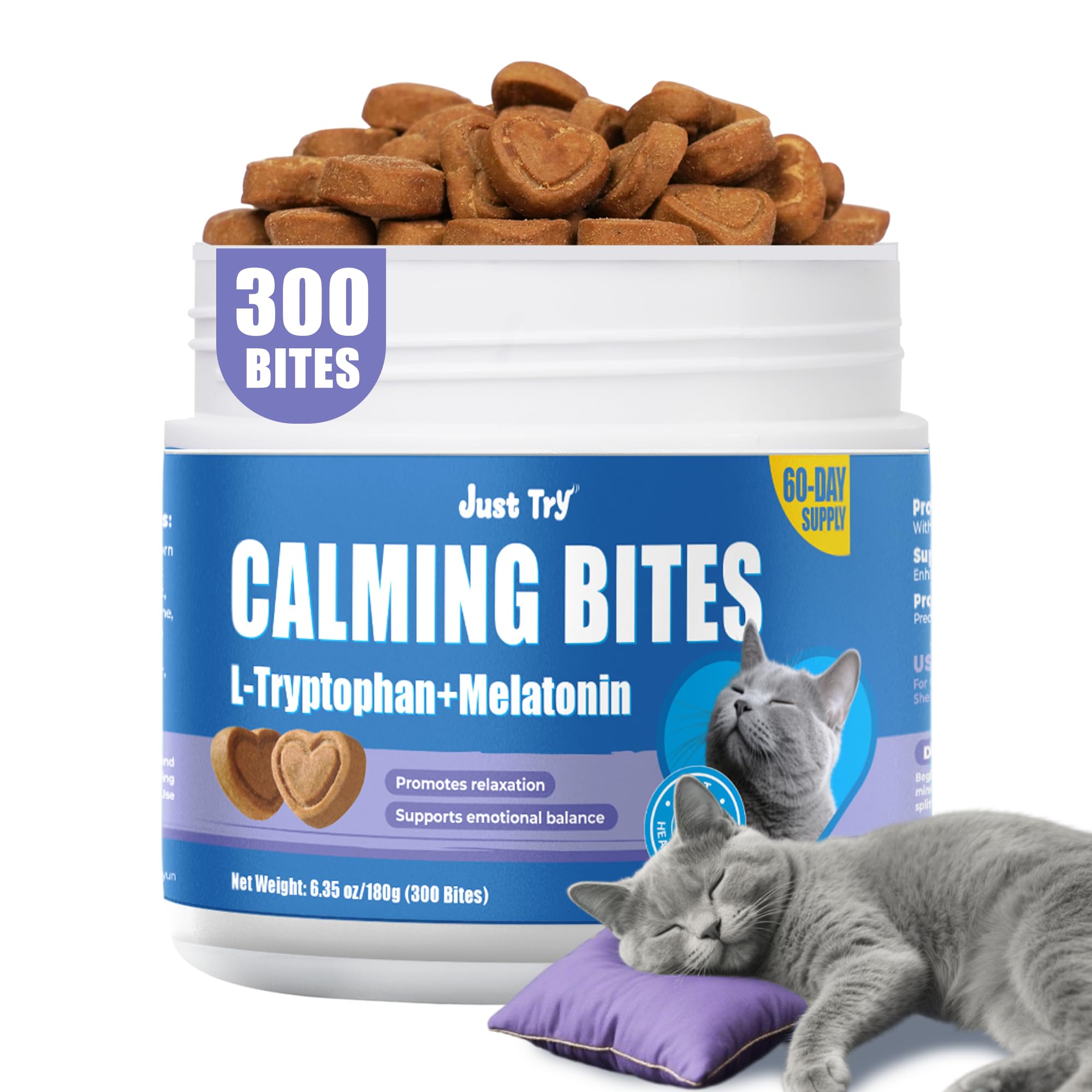 Just Try calming cat treats jar visualizing long-lasting relaxation for anxious cats