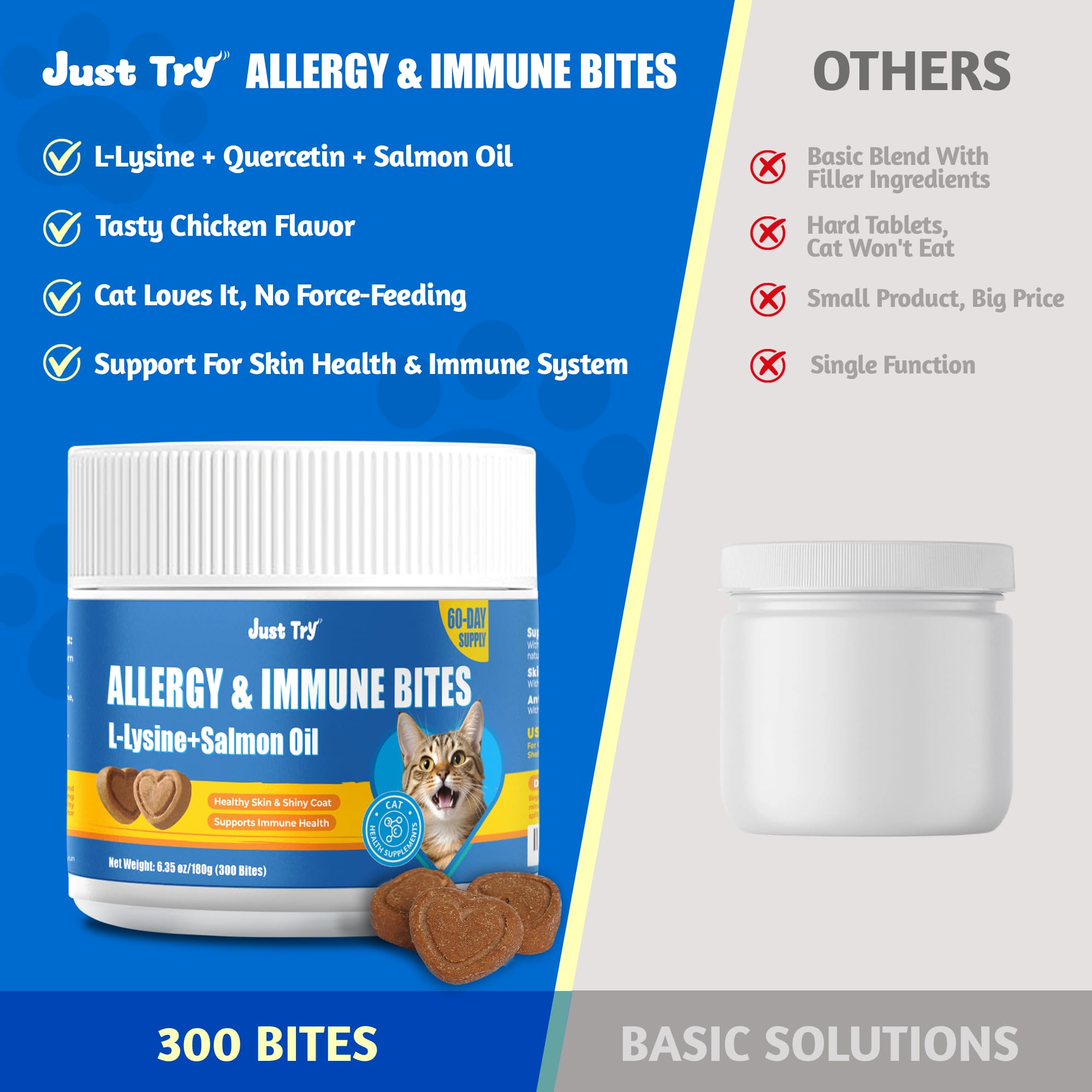 Just Try 300 Bites-grain-free-pet-supplements highlights grain-free formula for sensitive cats