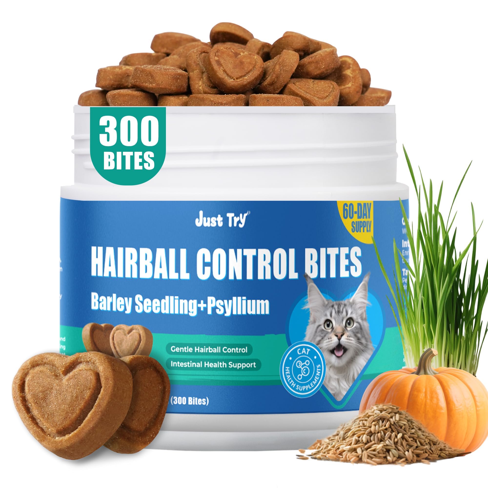 Just Try 300 Bites Hairball Treats bottle—long-lasting relief for cats