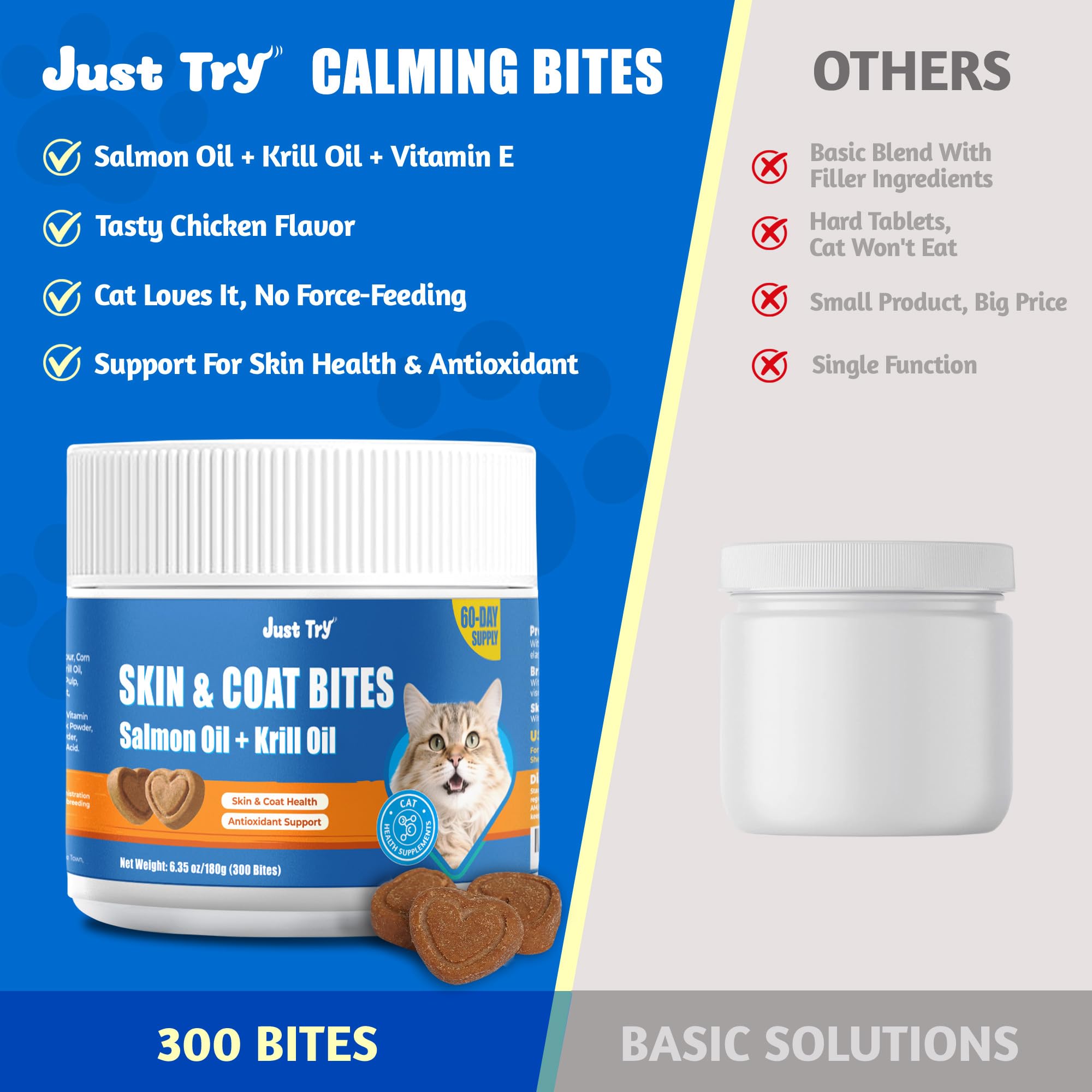 Just Try 300 bites jar indicates a long-lasting supply for cats.