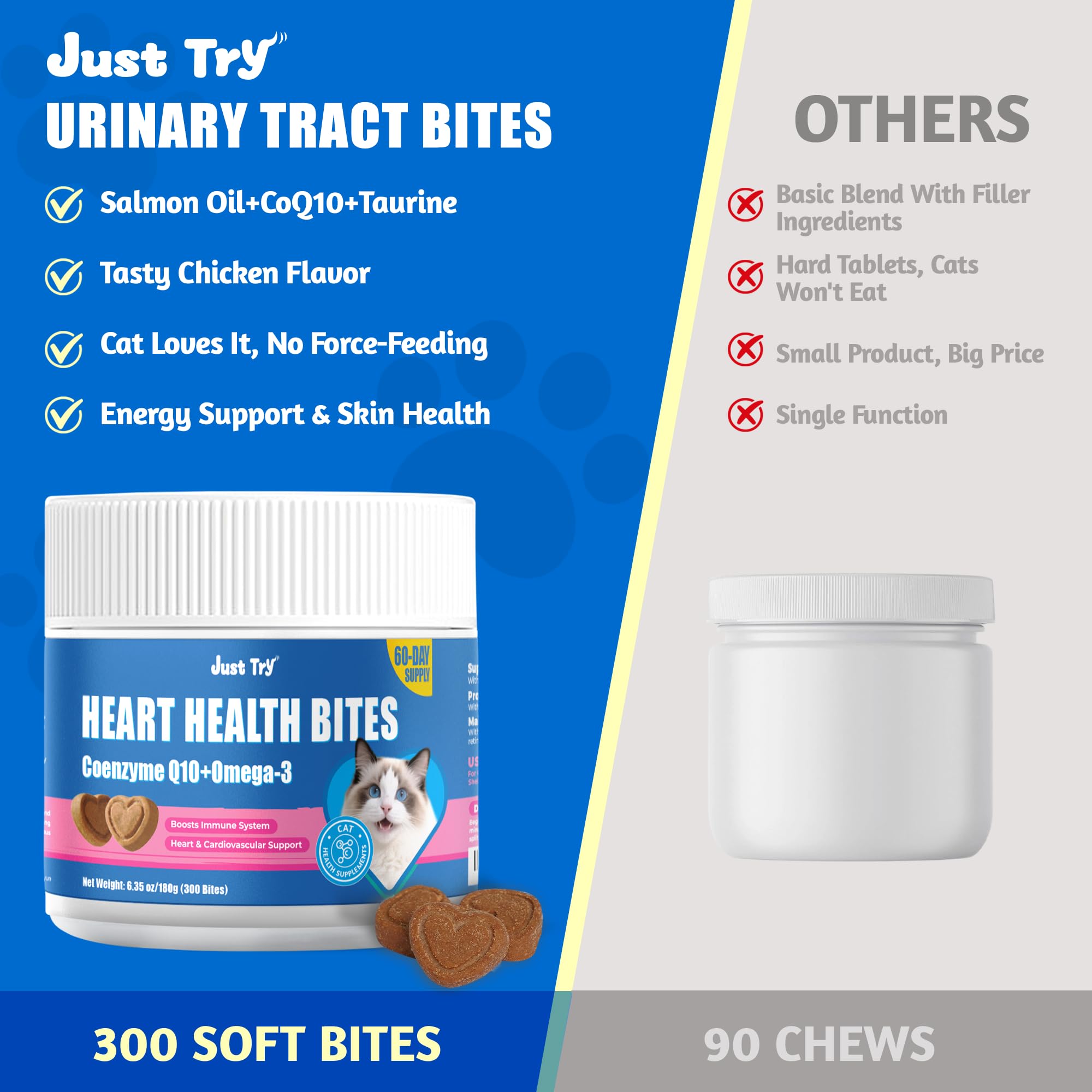 Just Try CoQ10 Bites cat enjoying flavorful chicken treat demonstrates supplementation