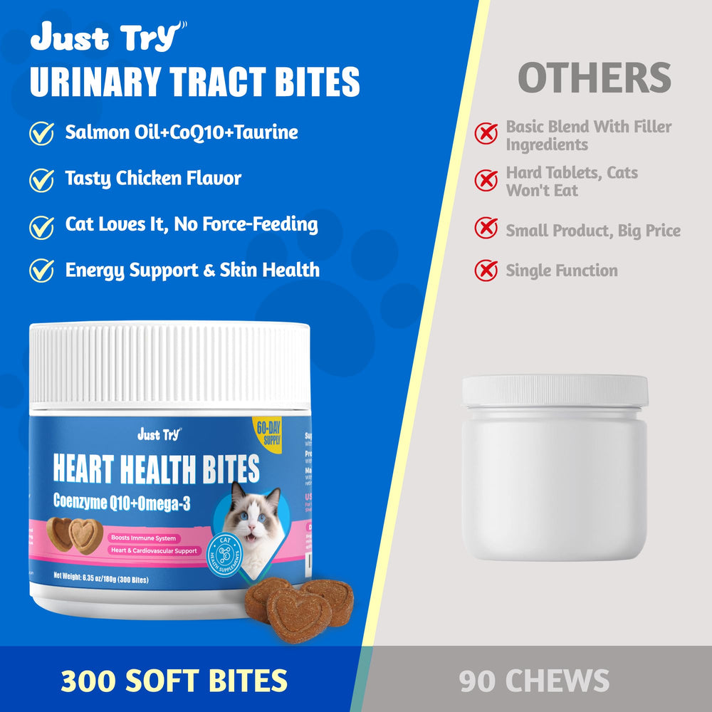 Just Try CoQ10 Bites cat enjoying flavorful chicken treat demonstrates supplementation