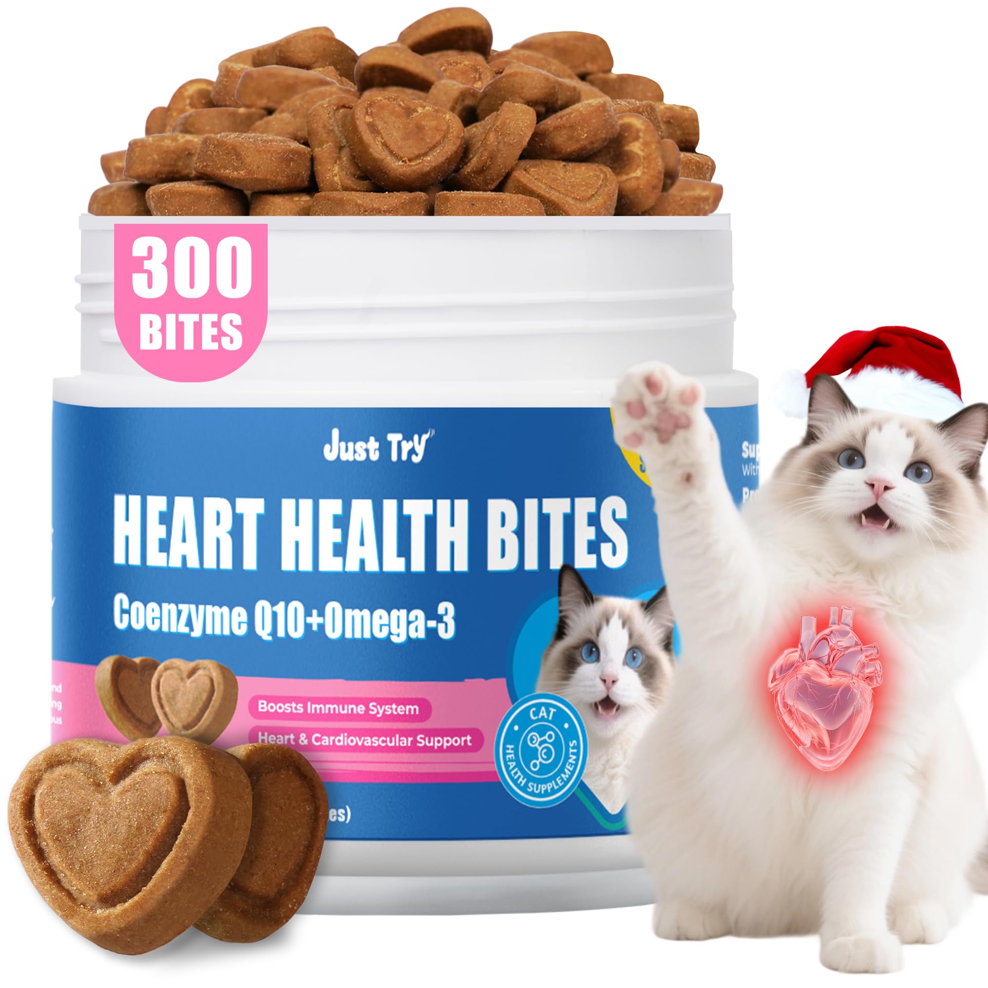 Just Try CoQ10 Bites package showcases heart-friendly cat treats for daily use