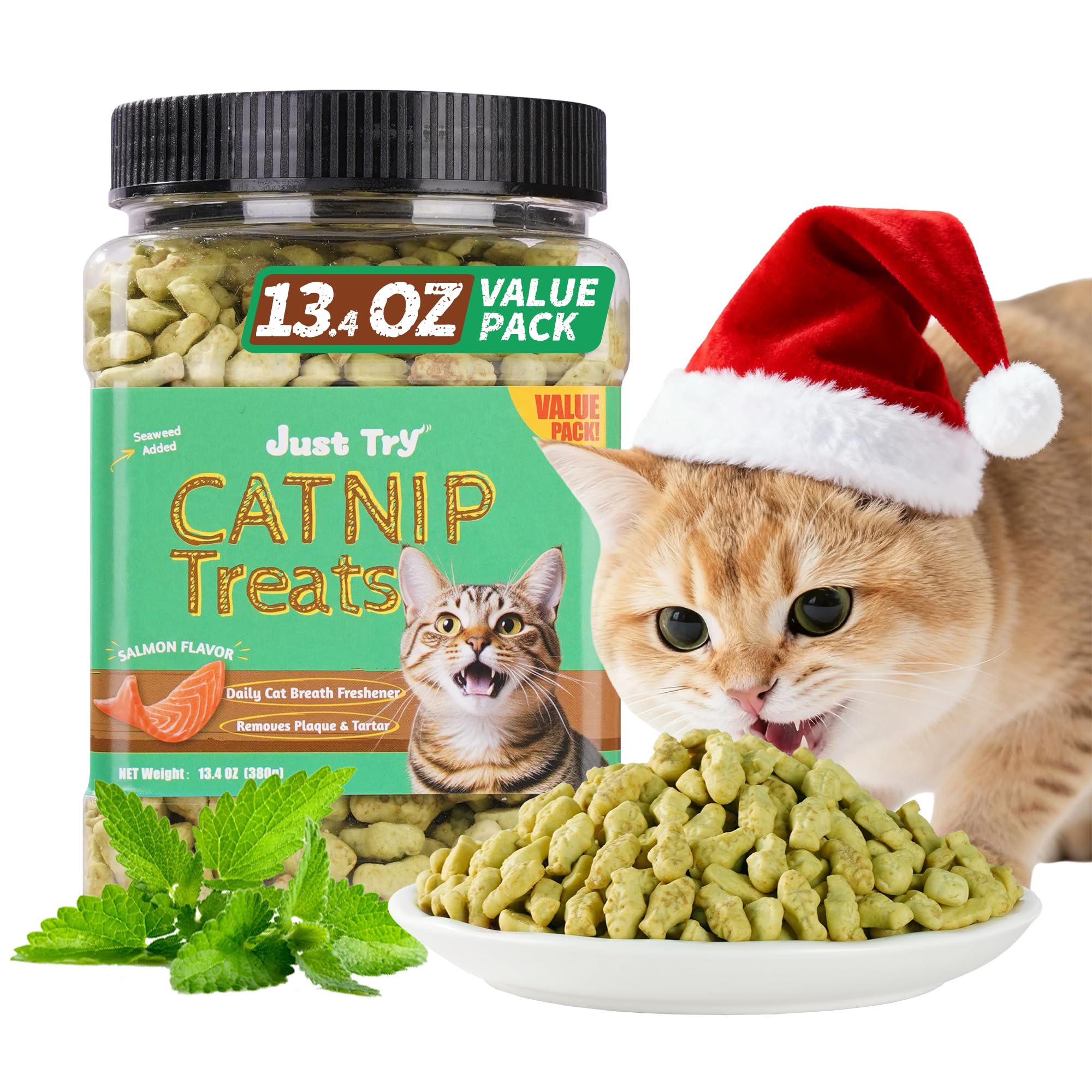 Just Try crunchy cat treats dental-breath closeup demonstrates a crunchy texture aiding breath freshness.