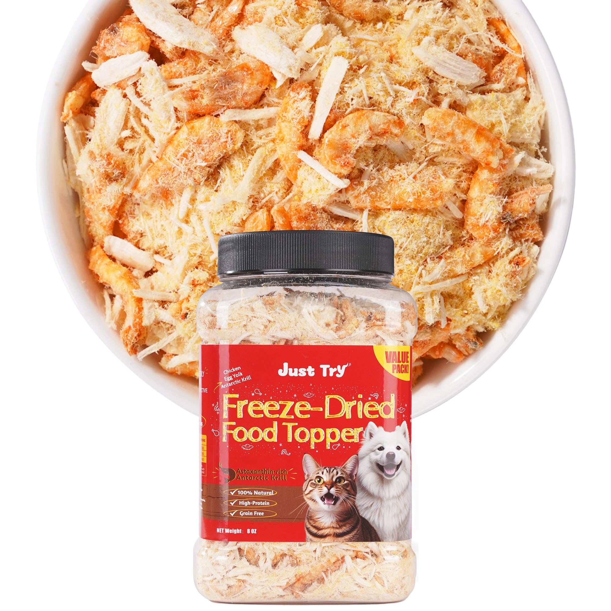 Just Try krill topper package showing real chicken and egg yolk for high-protein meal toppers