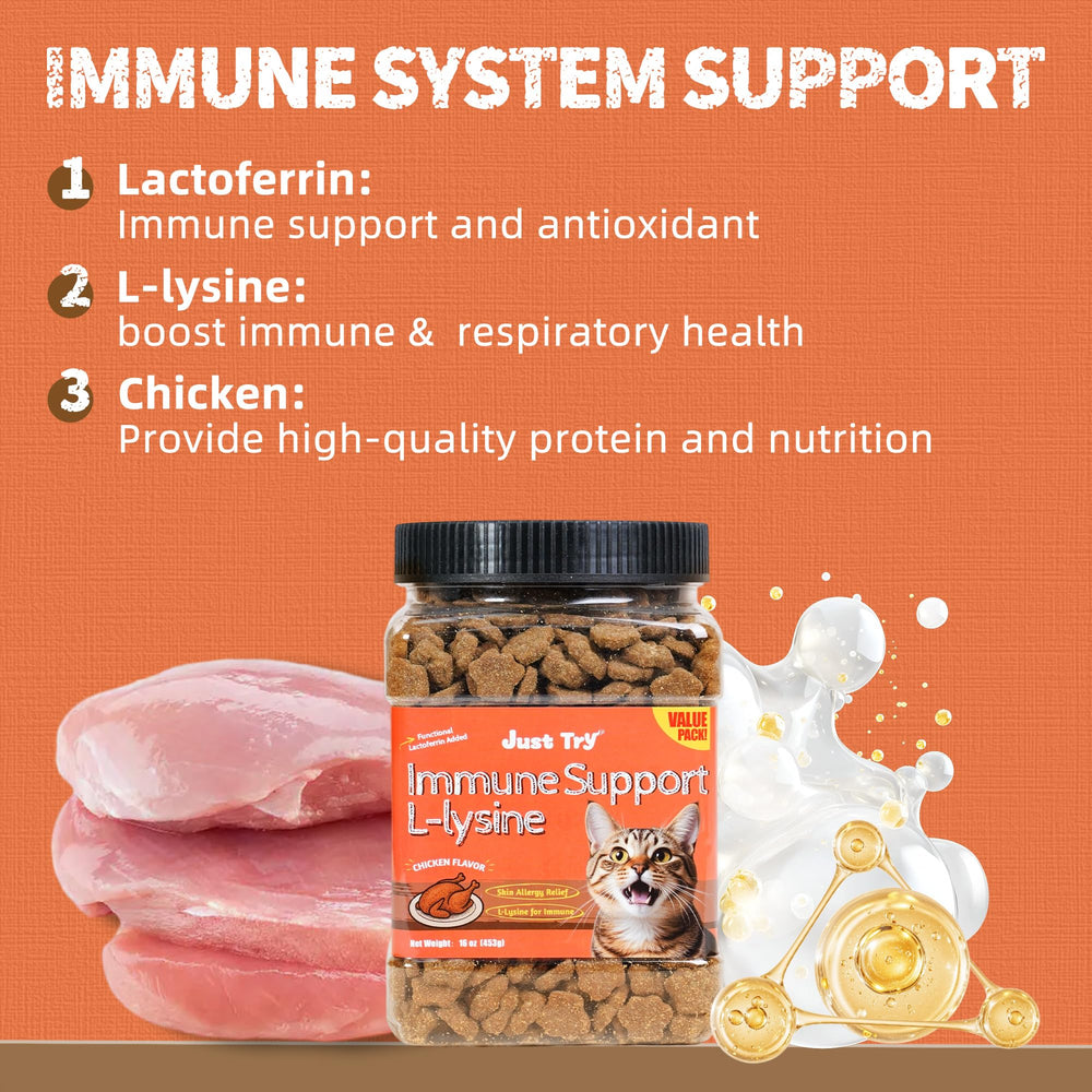 Just Try Lysine Cat Treats dual-textured bites—fish-shaped rewards for training.
