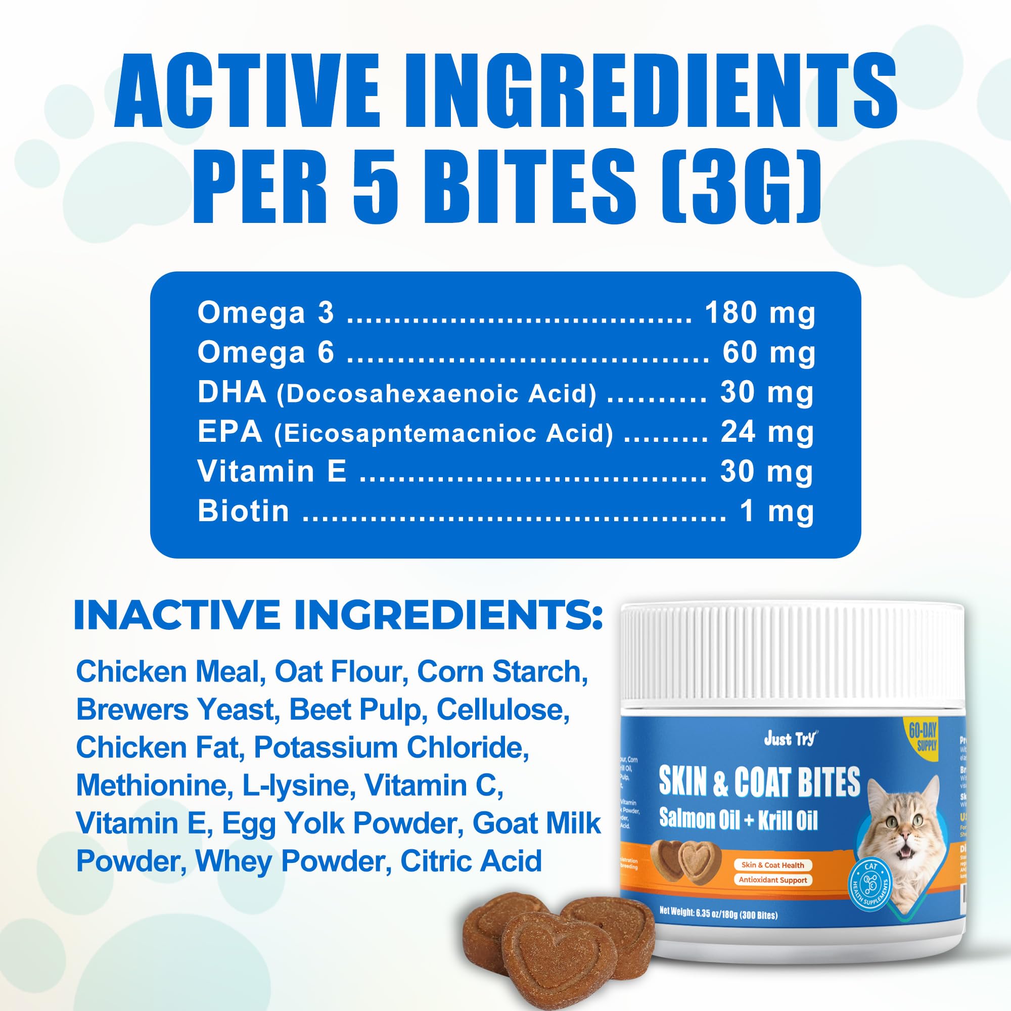 Just Try omega-3 and omega-6 ingredients support skin cell health in cats.