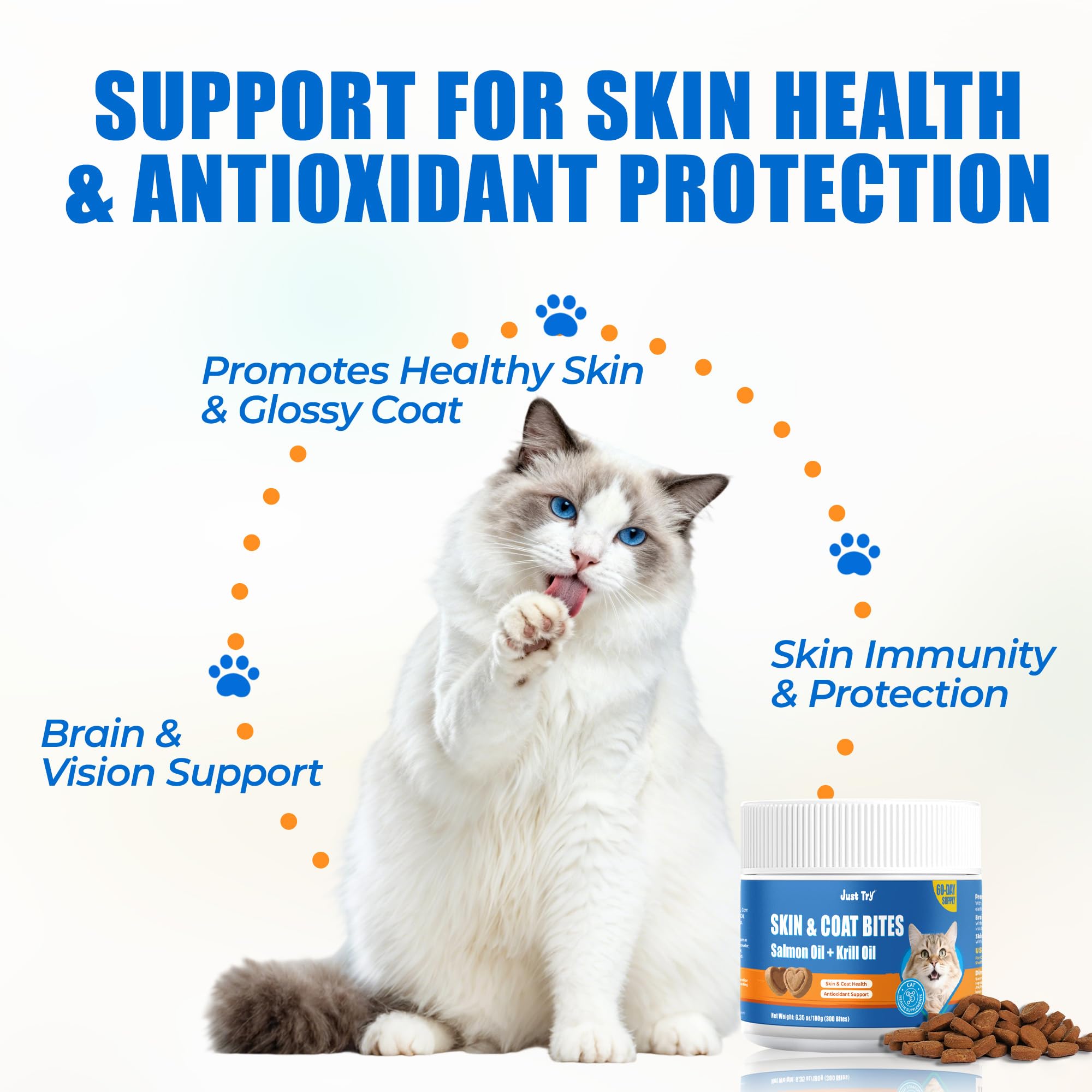 Just Try salmon oil bottle highlights omega-3 benefits for cat skin.