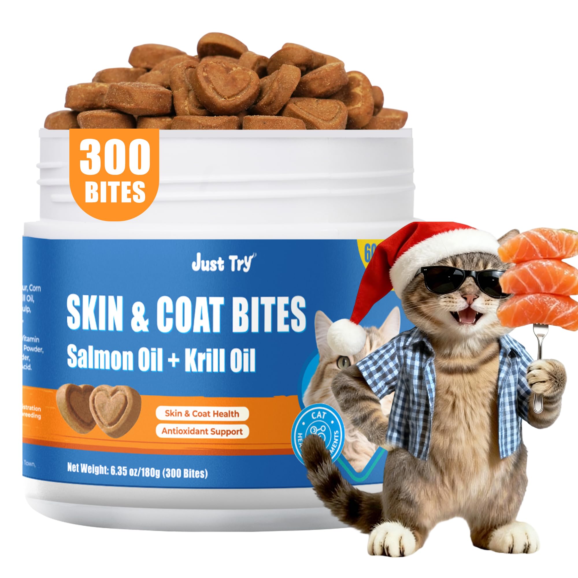 Just Try Skin Coat Bites jar shows ready-to-serve cat treats for shiny fur.