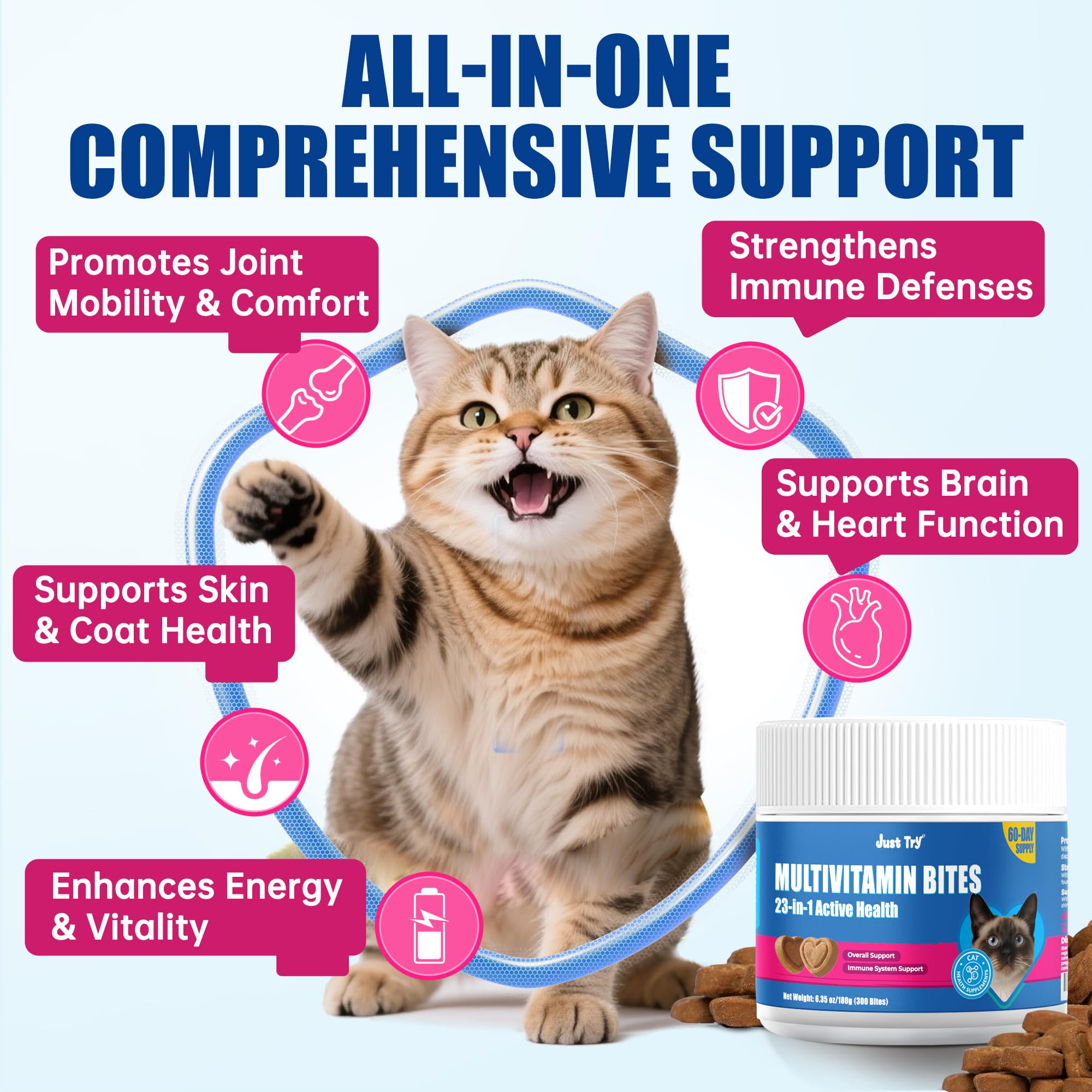 Just Try taurine-lysine cat vitamins closeup highlighting digestion support