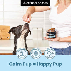 JustFoodForDogs Calming Soft Chews dog eating demonstrates palatable wellness support