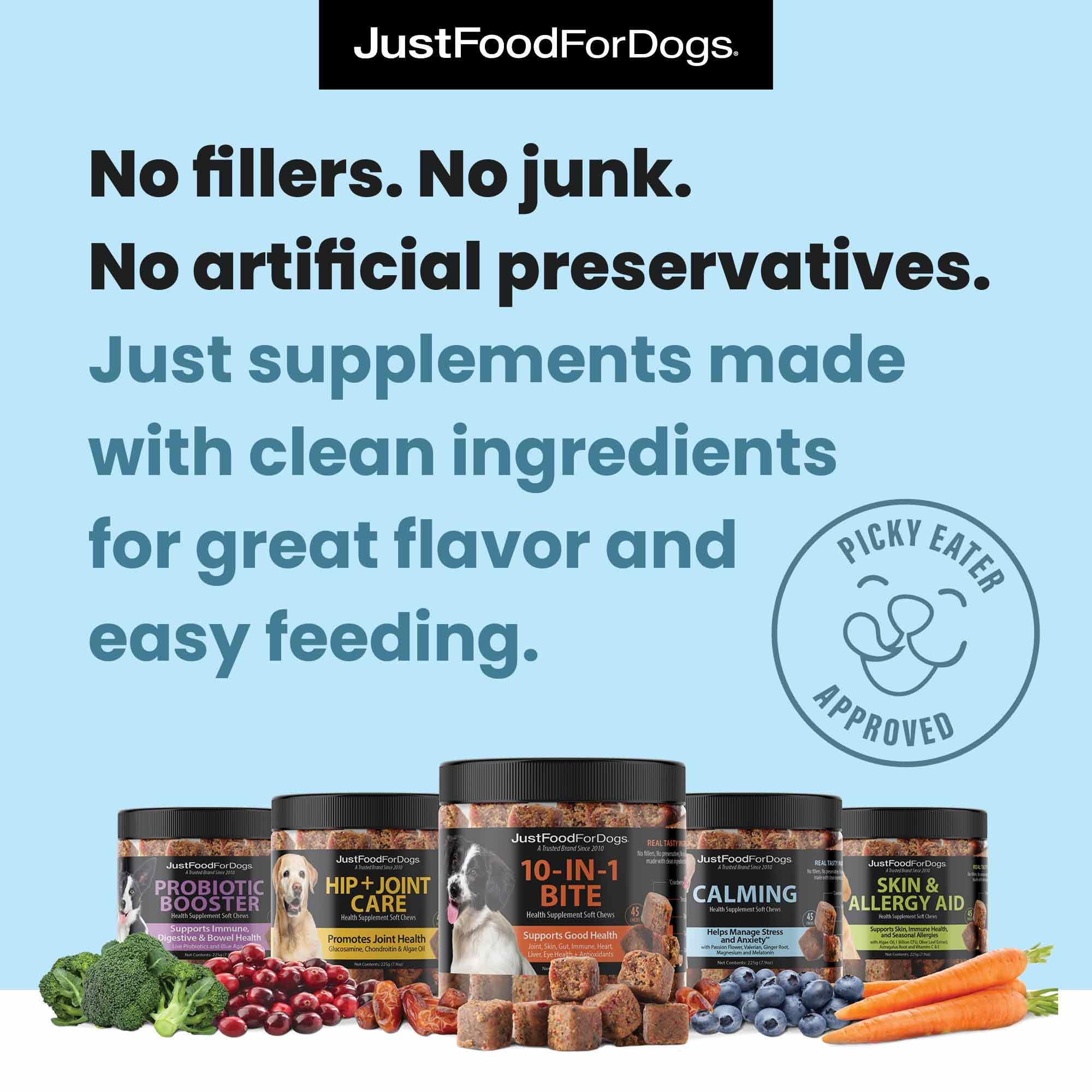 JustFoodForDogs Calming Soft Chews dog relaxing at home suggests stress reduction during routines