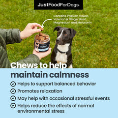 JustFoodForDogs Calming Soft Chews ingredient list emphasizing plant-based, human-grade components