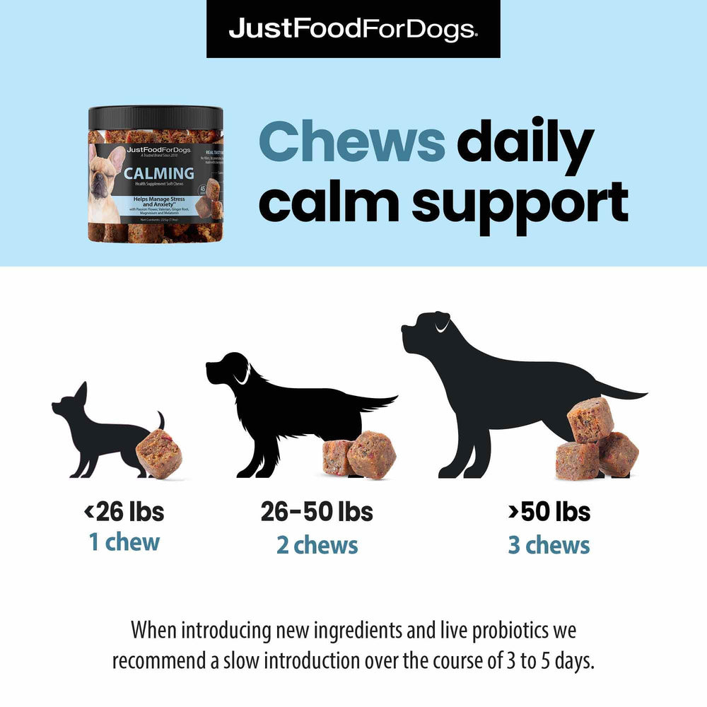JustFoodForDogs Calming Soft Chews vial hints at precise dosing and quality control