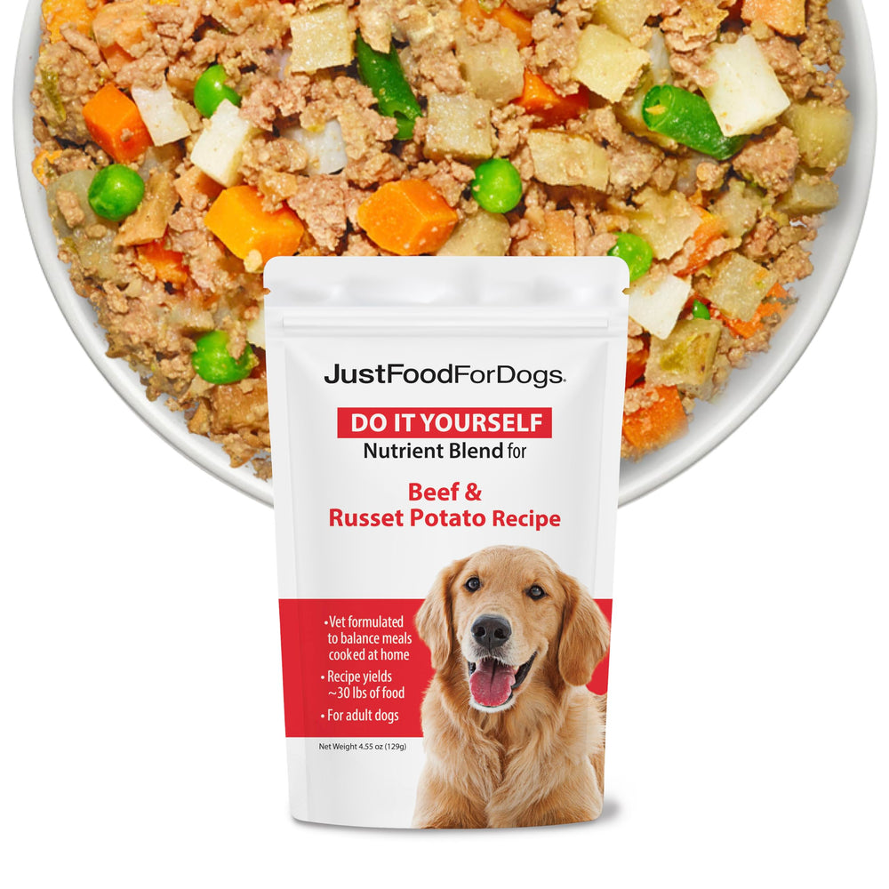 JustFoodForDogs DIY Nutrient Blend packaging shown for a balanced homemade dog meal