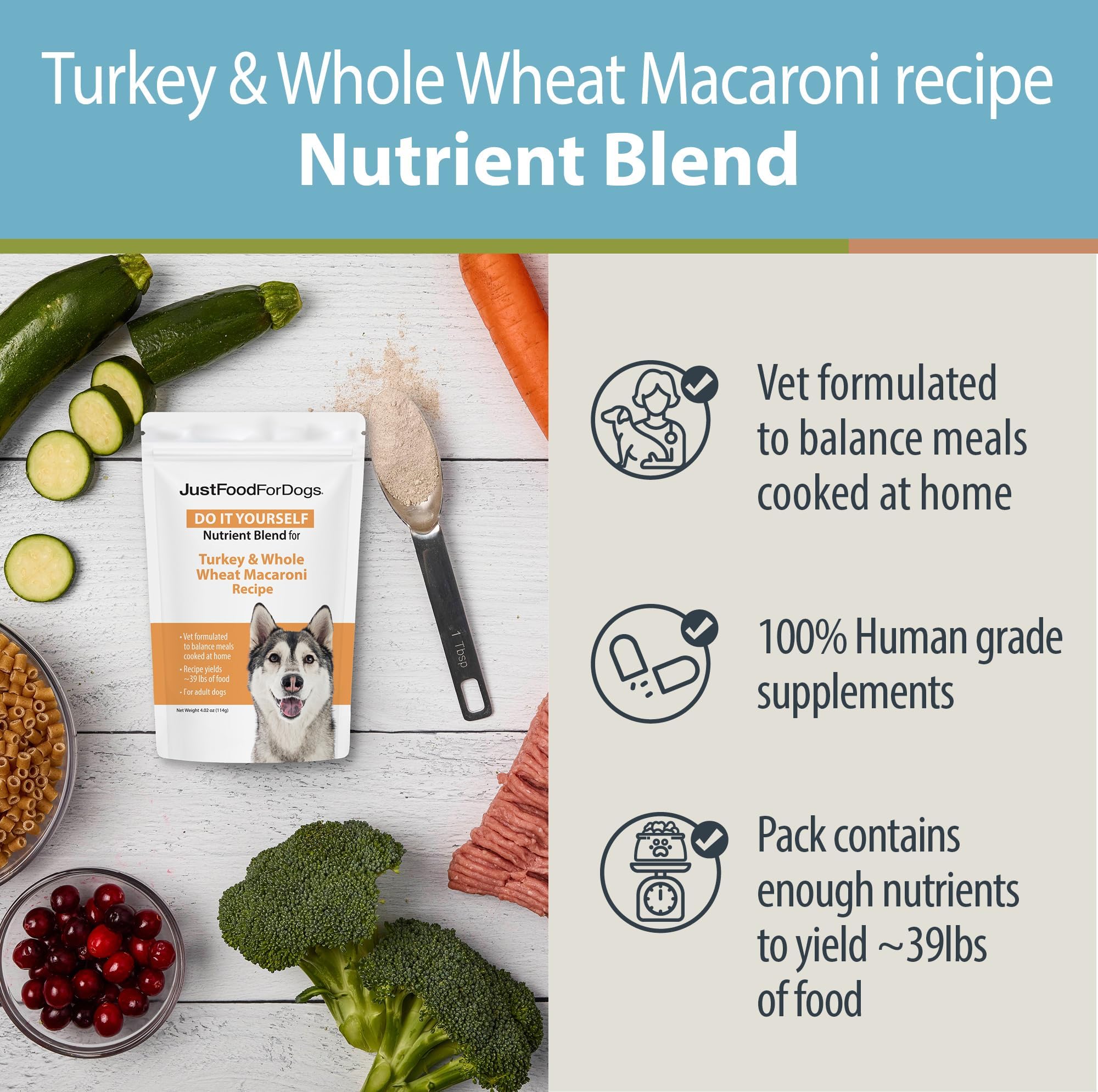 JustFoodForDogs DIY Nutrient Blend broccoli and zucchini in a dish for veggie-rich option.