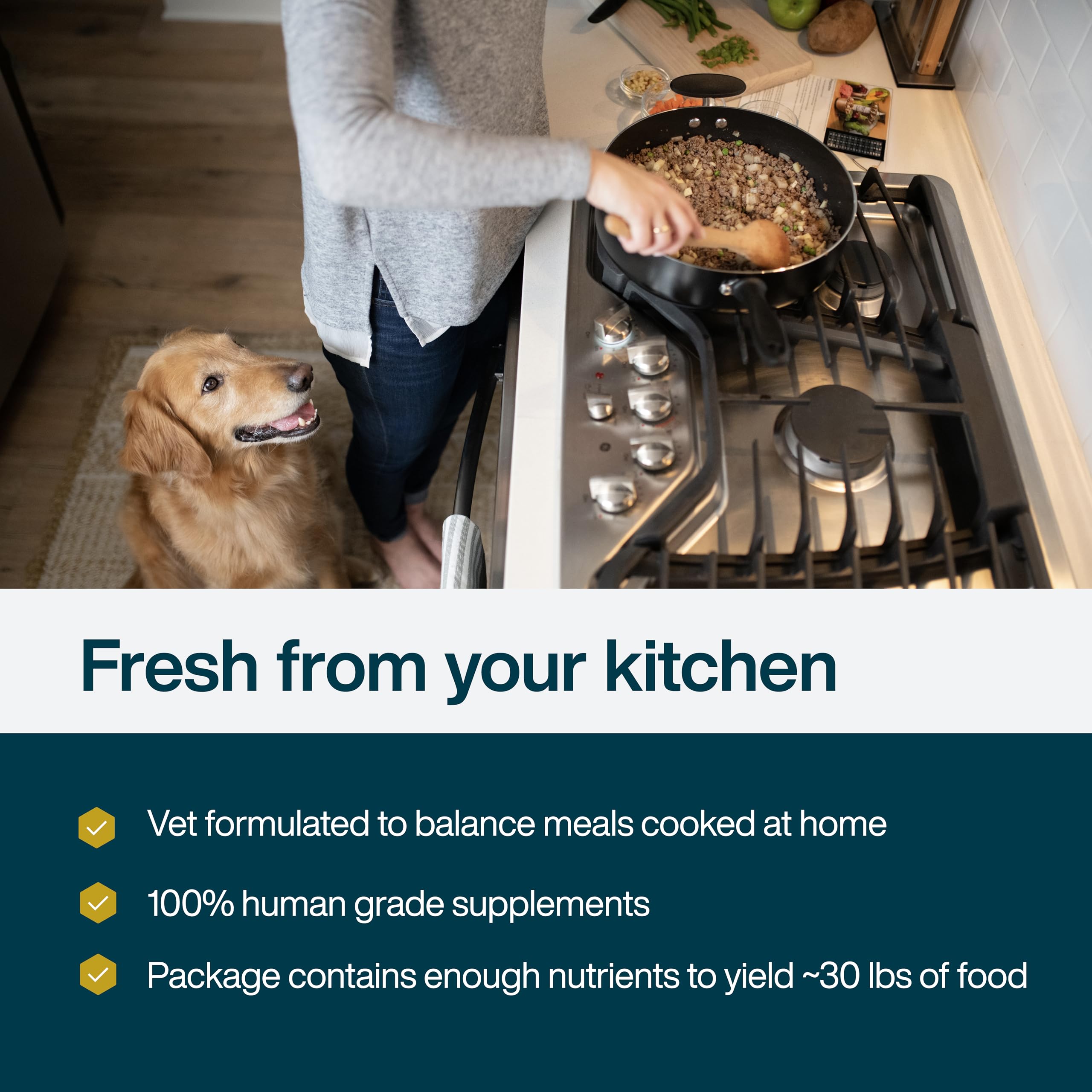 Kitchen scene featuring JustFoodForDogs Nutrient Blend for DIY meals