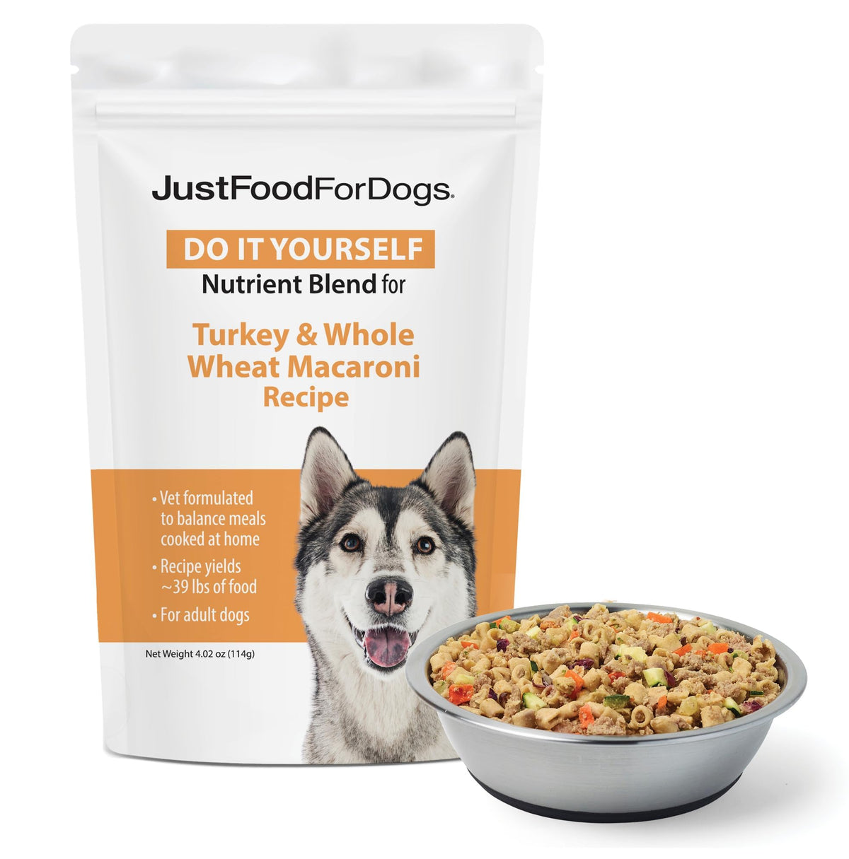 JustFoodForDogs DIY Nutrient Blend turkey-macaroni ready meal shown in a bowl, ideal for picky eaters.