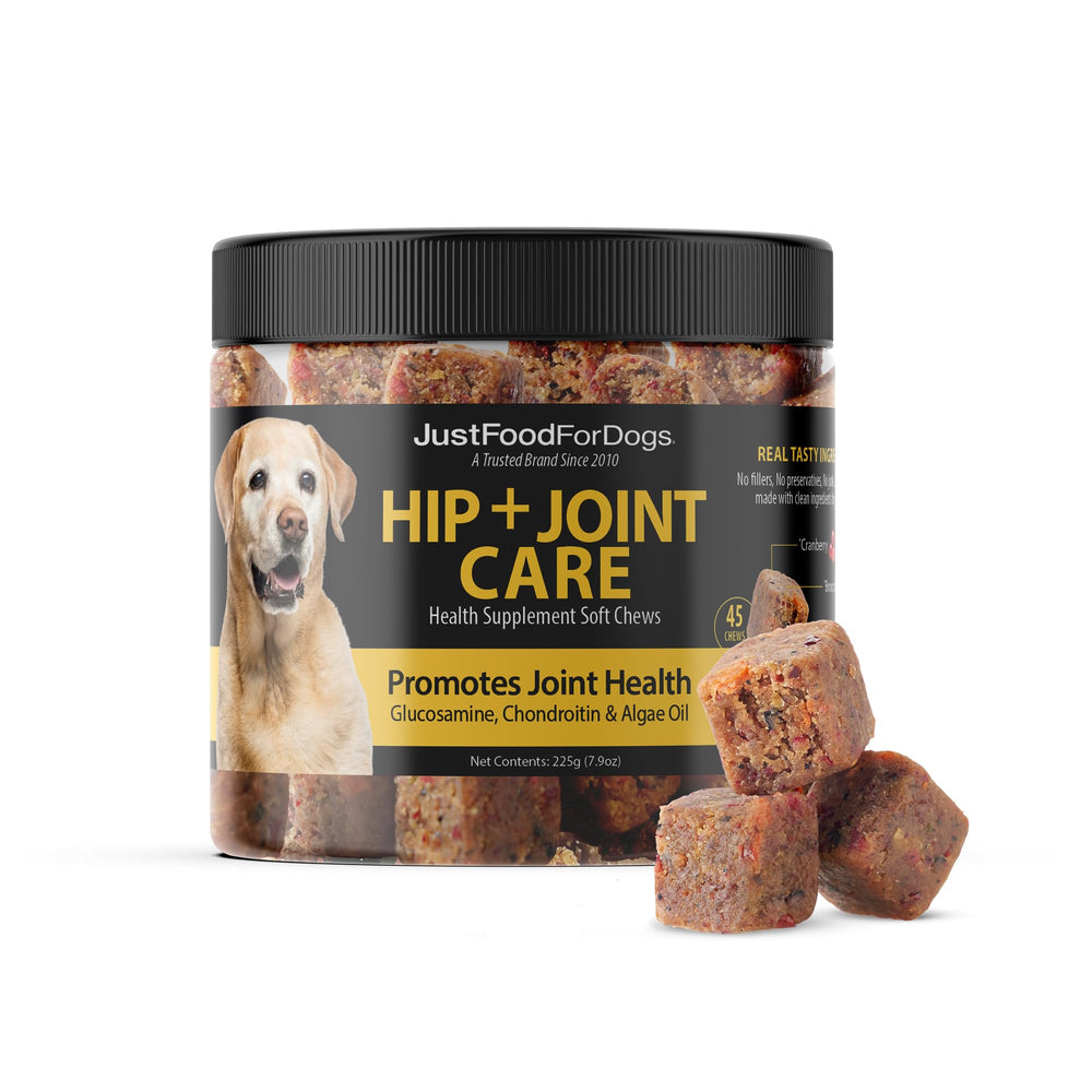 JustFoodForDogs Hip & Joint Soft Chews bottle front shows plant-based joint support for dogs.
