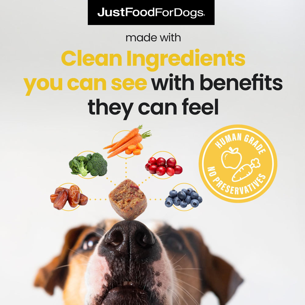 JustFoodForDogs Hip & Joint Soft Chews close-up of ingredients shows blueberries and algae oil for wellness.