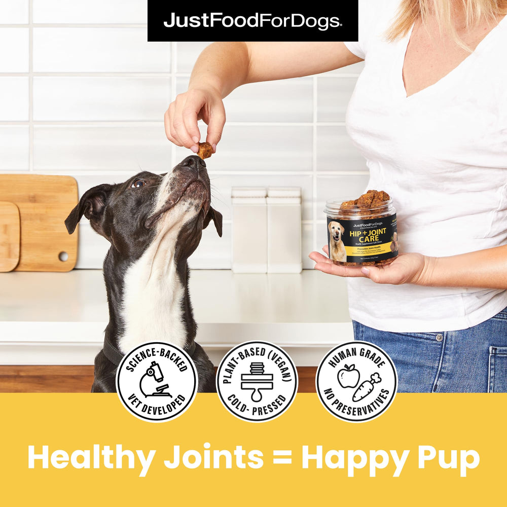 JustFoodForDogs Hip & Joint Soft Chews packaging reveals cold-pressed nutrients preserving joint-friendly compounds.