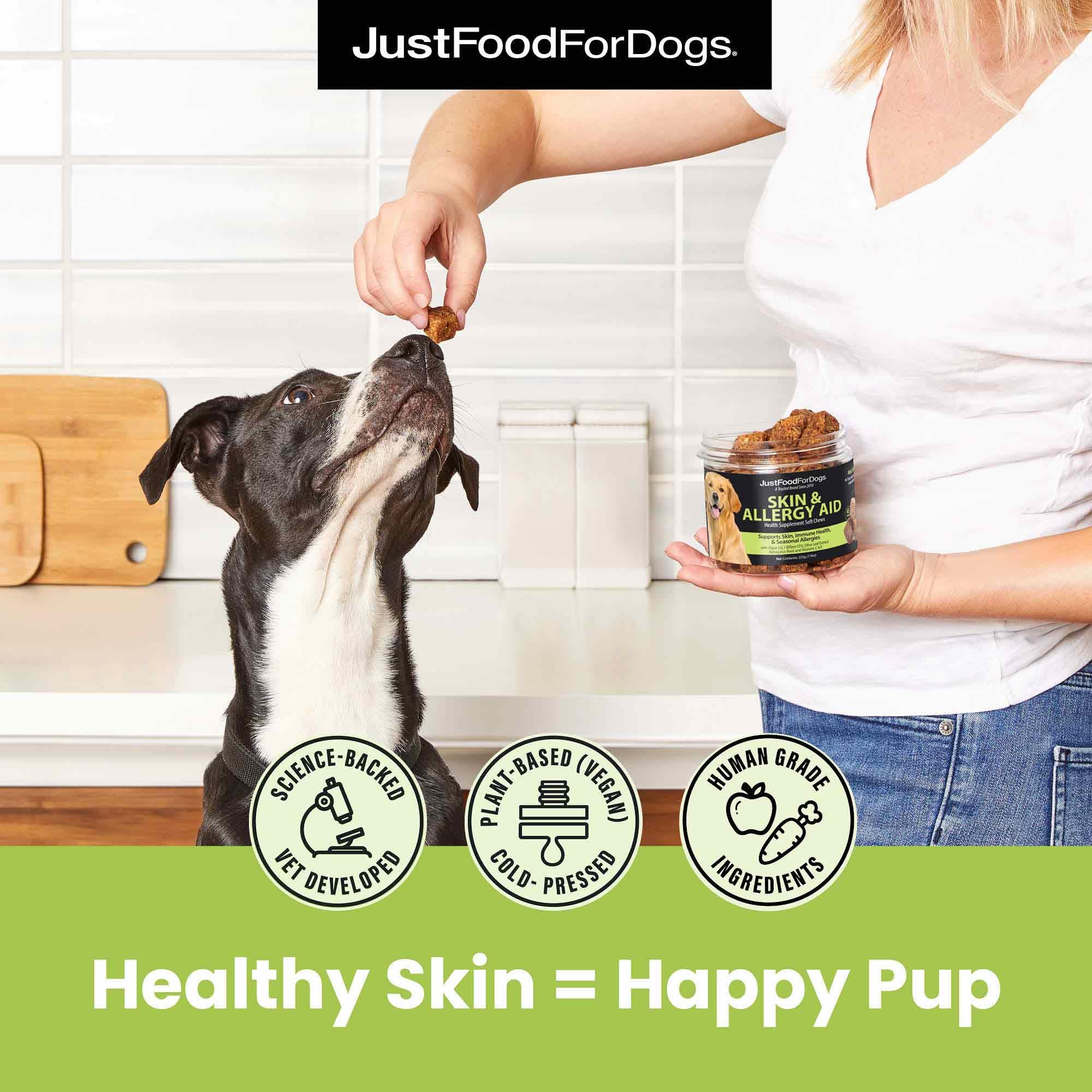 JustFoodForDogs algae omega 3 image highlighting skin health benefits