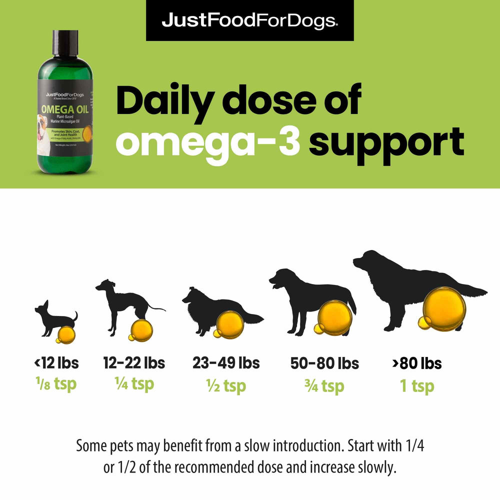 JustFoodForDogs Omega Plus Oil closeup; high-quality algae EPA and DHA.