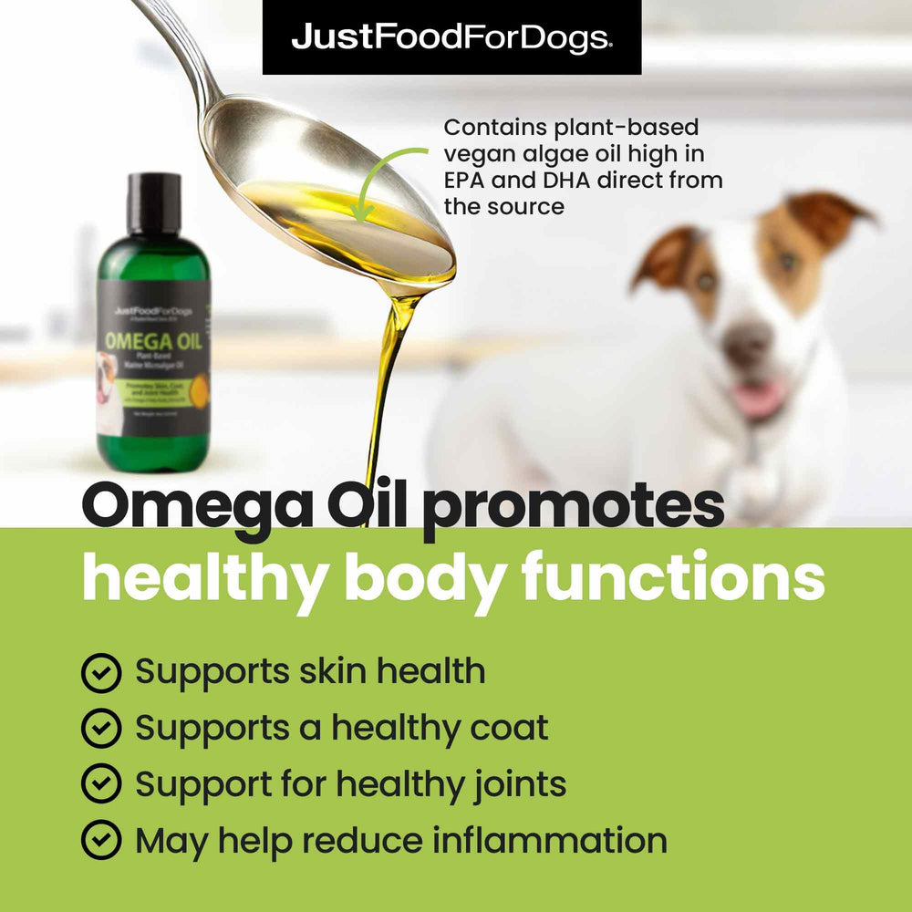 JustFoodForDogs Omega Plus Oil dropper; EPA and DHA support joint comfort.