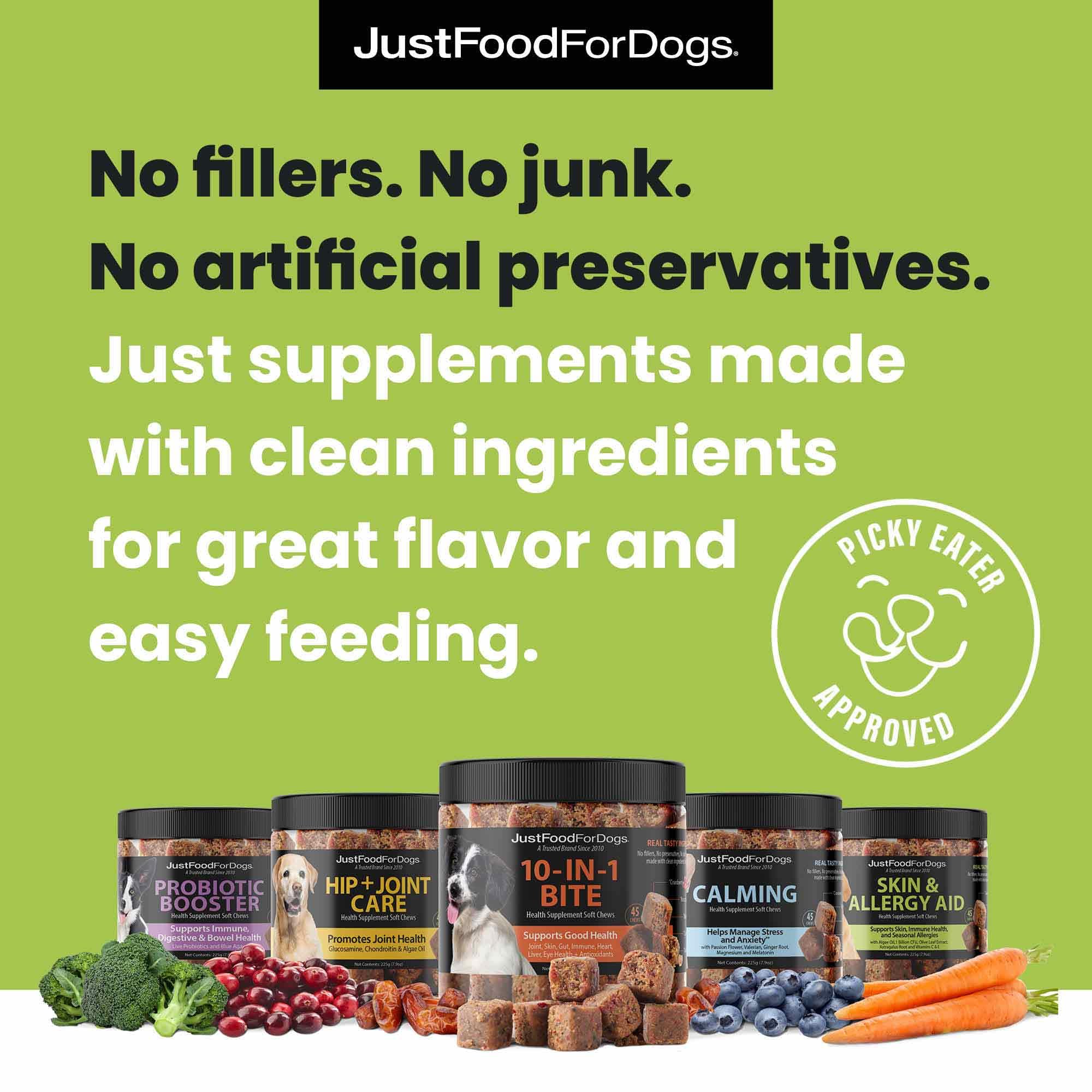 JustFoodForDogs package front label with real food ingredients
