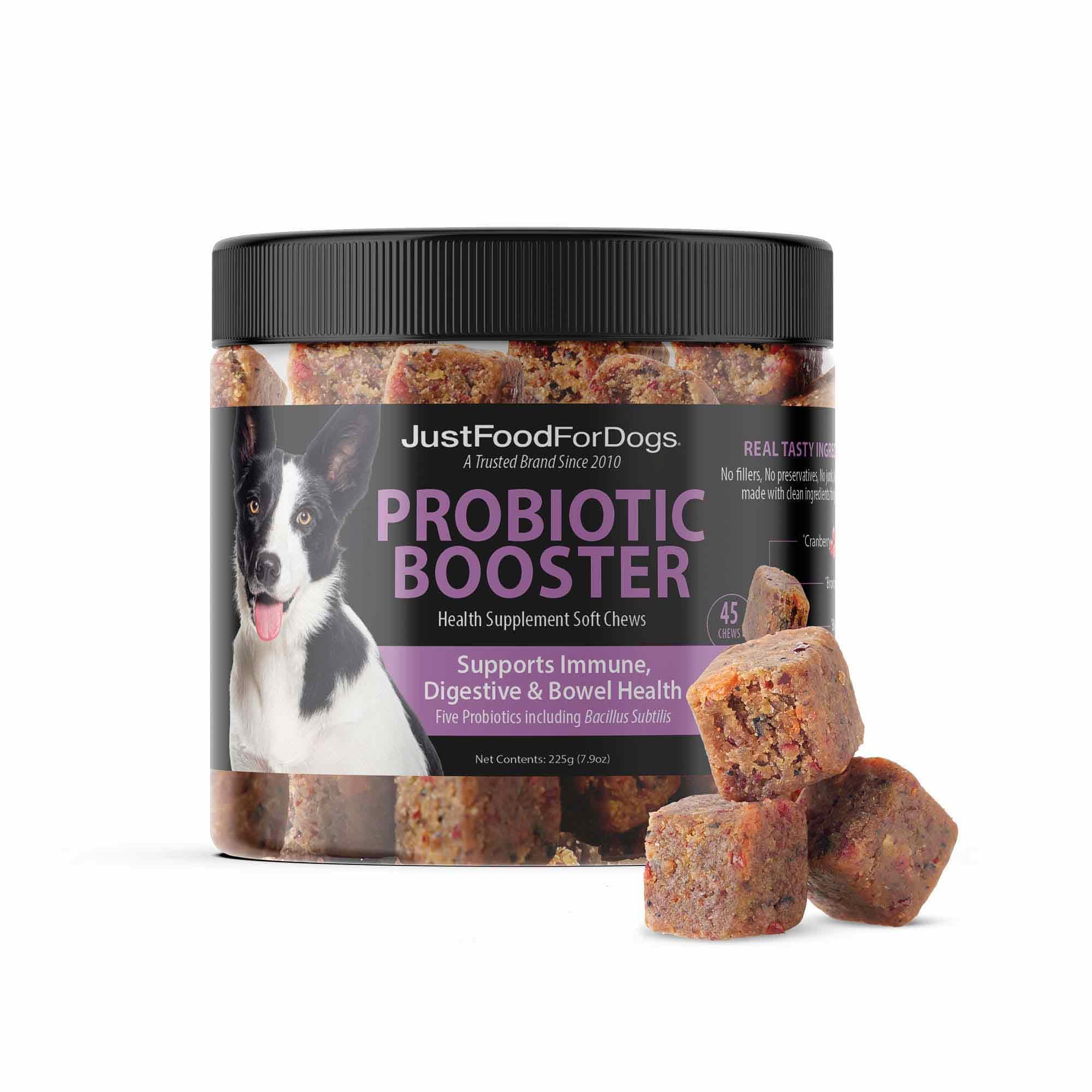 JustFoodForDogs Probiotic Booster bottle closeup highlighting real ingredients for wholesome gut support.