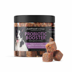 JustFoodForDogs Probiotic Booster bottle closeup highlighting real ingredients for wholesome gut support.