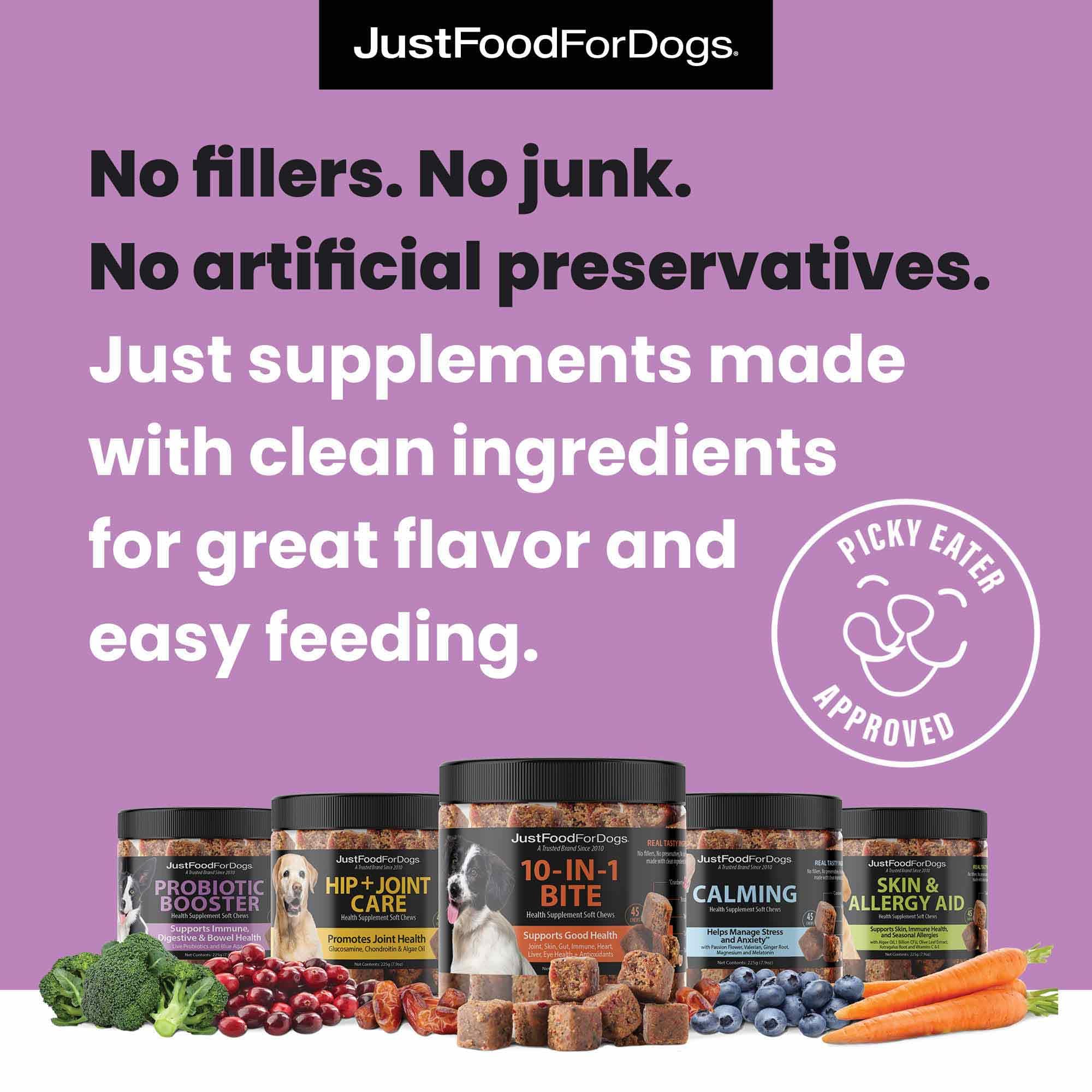 JustFoodForDogs Probiotic Booster label detail highlights live cultures and prebiotic blend benefits.