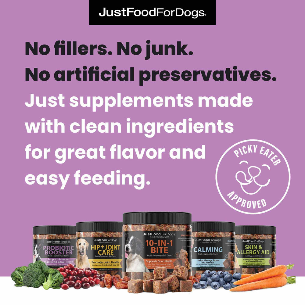 JustFoodForDogs Probiotic Booster label detail highlights live cultures and prebiotic blend benefits.