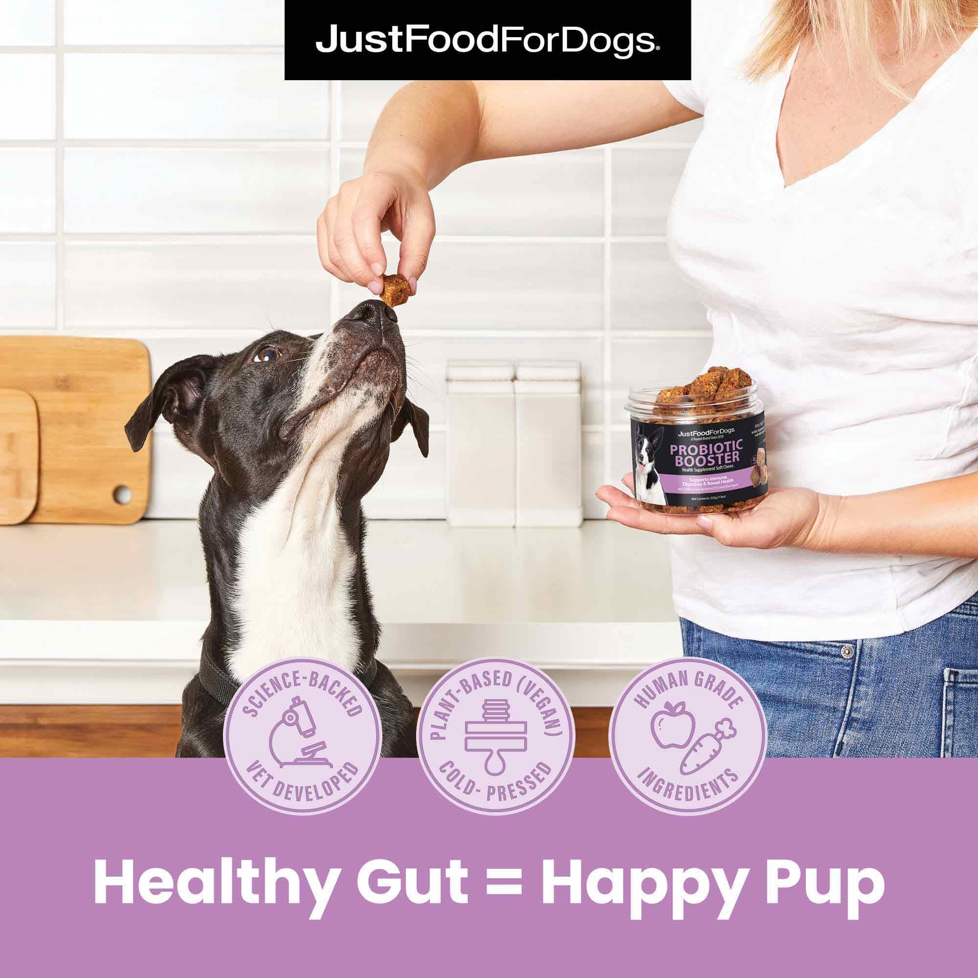 JustFoodForDogs Probiotic Booster packaging flatlay showcases cold-pressed process preserving nutrients.