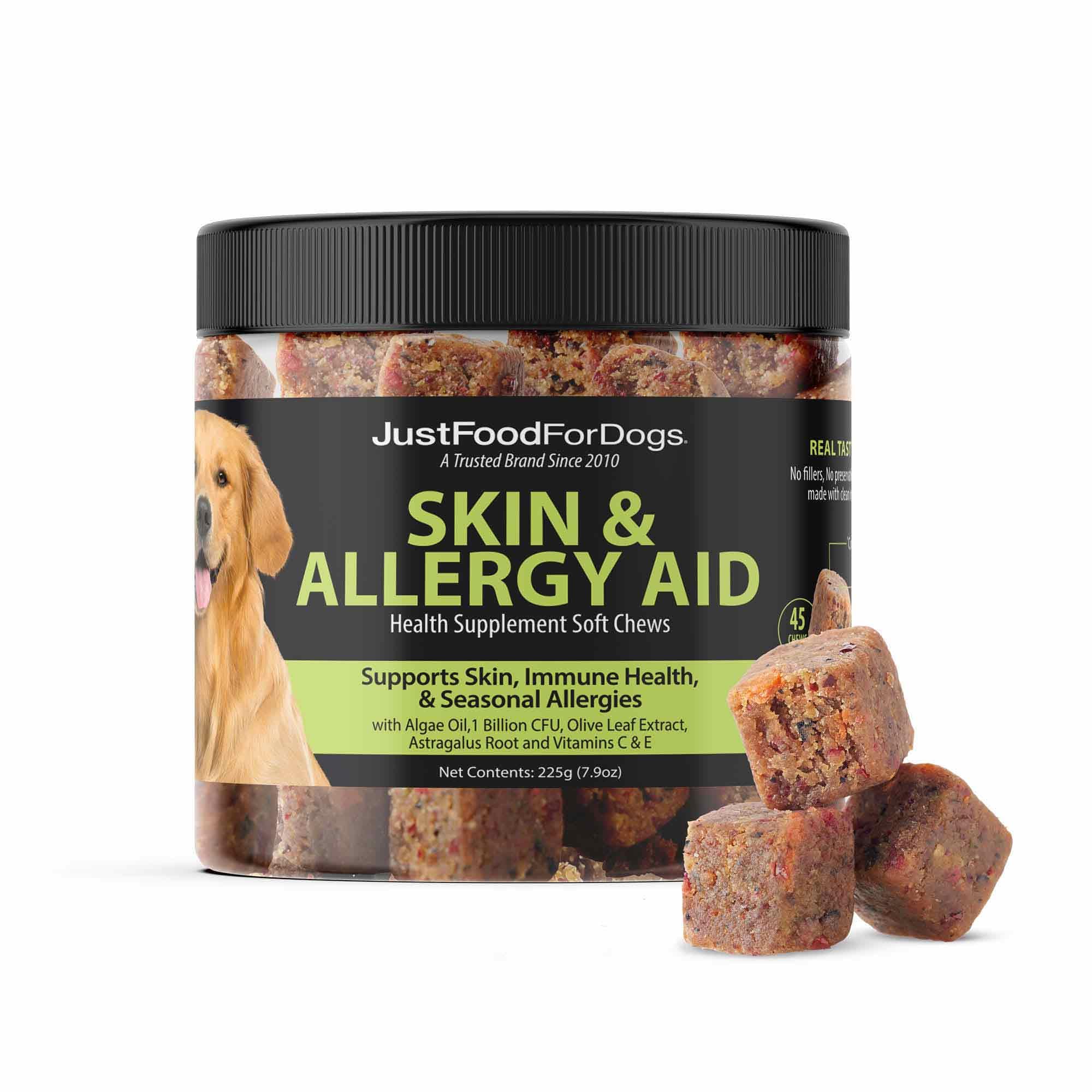 JustFoodForDogs Skin & Allergy Soft Chews bottle for skin comfort